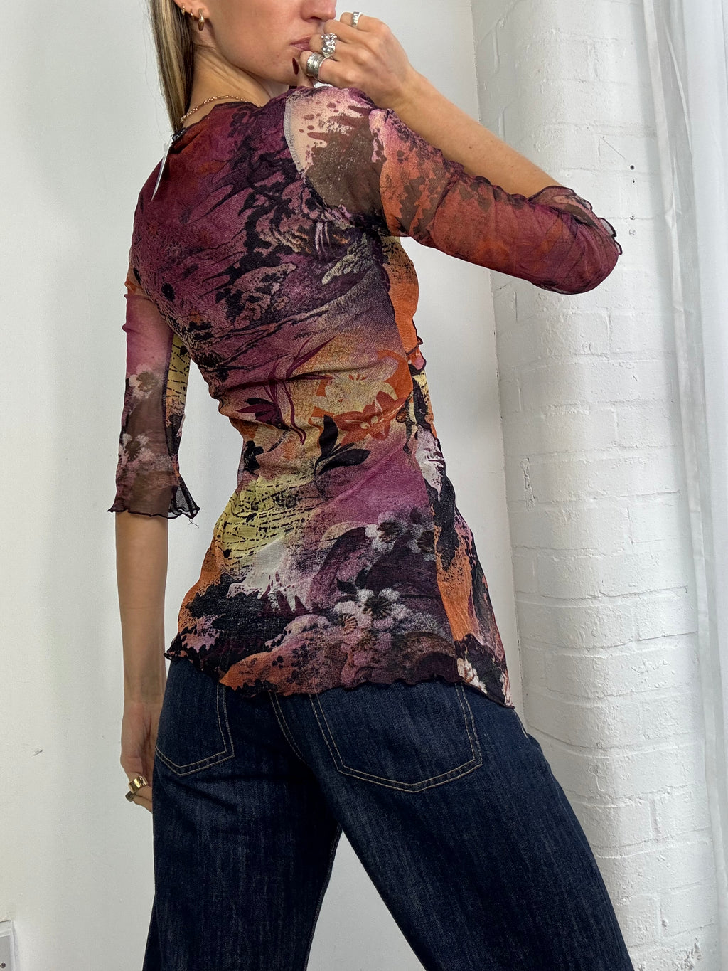 Vintage Y2K v neck mesh top asymmetric