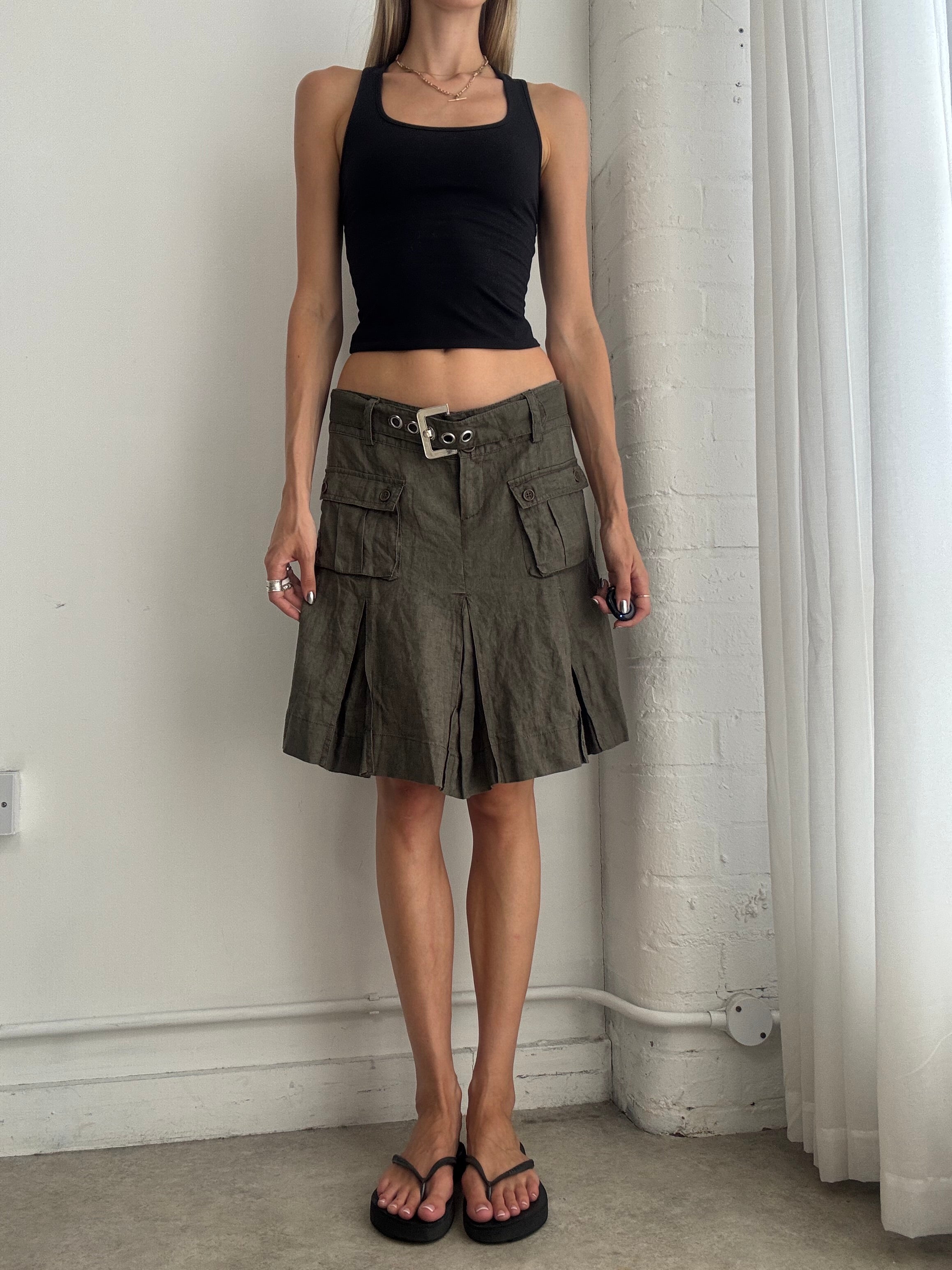Vintage Y2K Utility Pleated Linen Midi Skirt – Khaki Low Rise Cargo Buckle Skirt - Size S