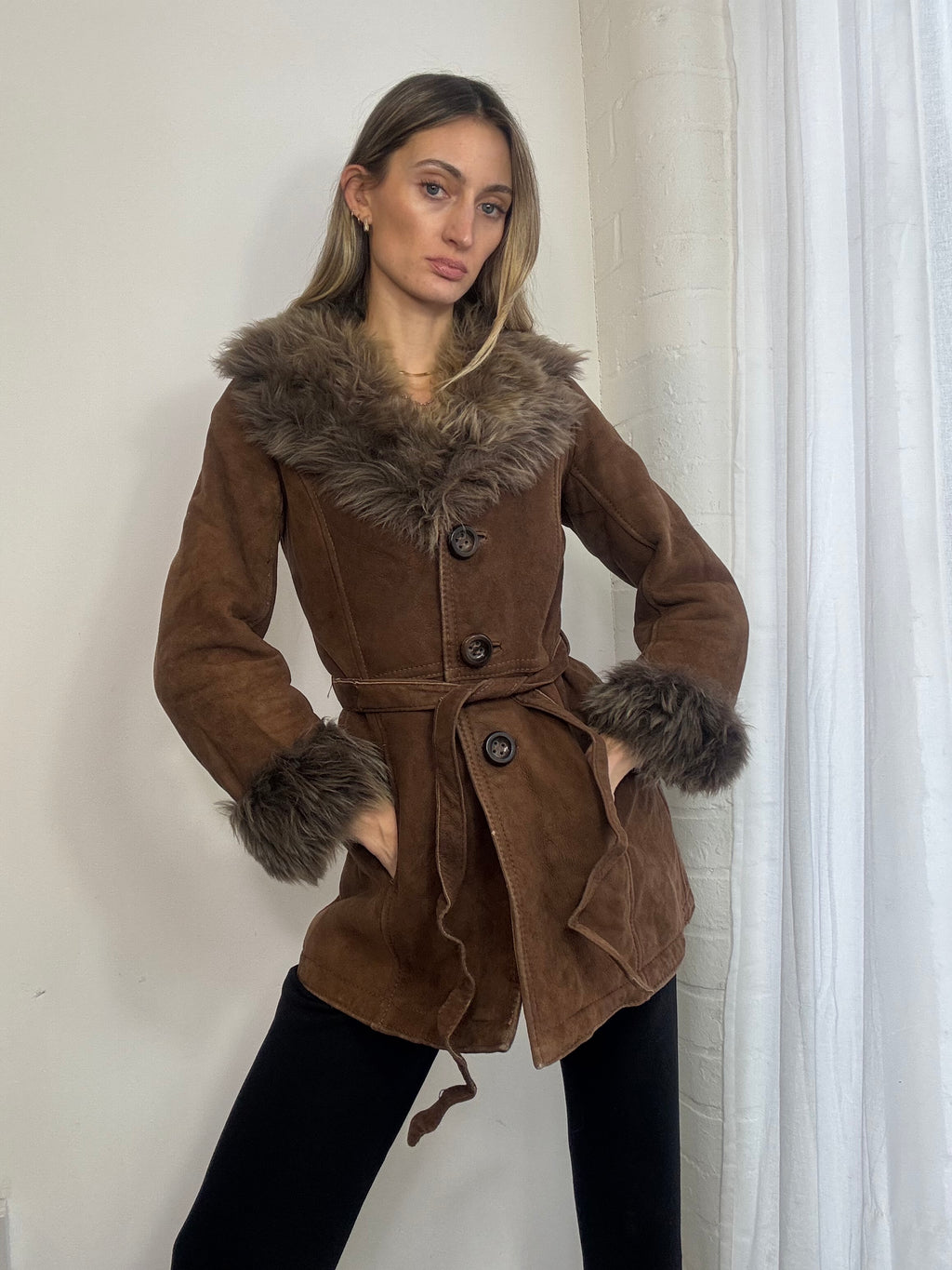 Vintage sheepskin suede coat brown
