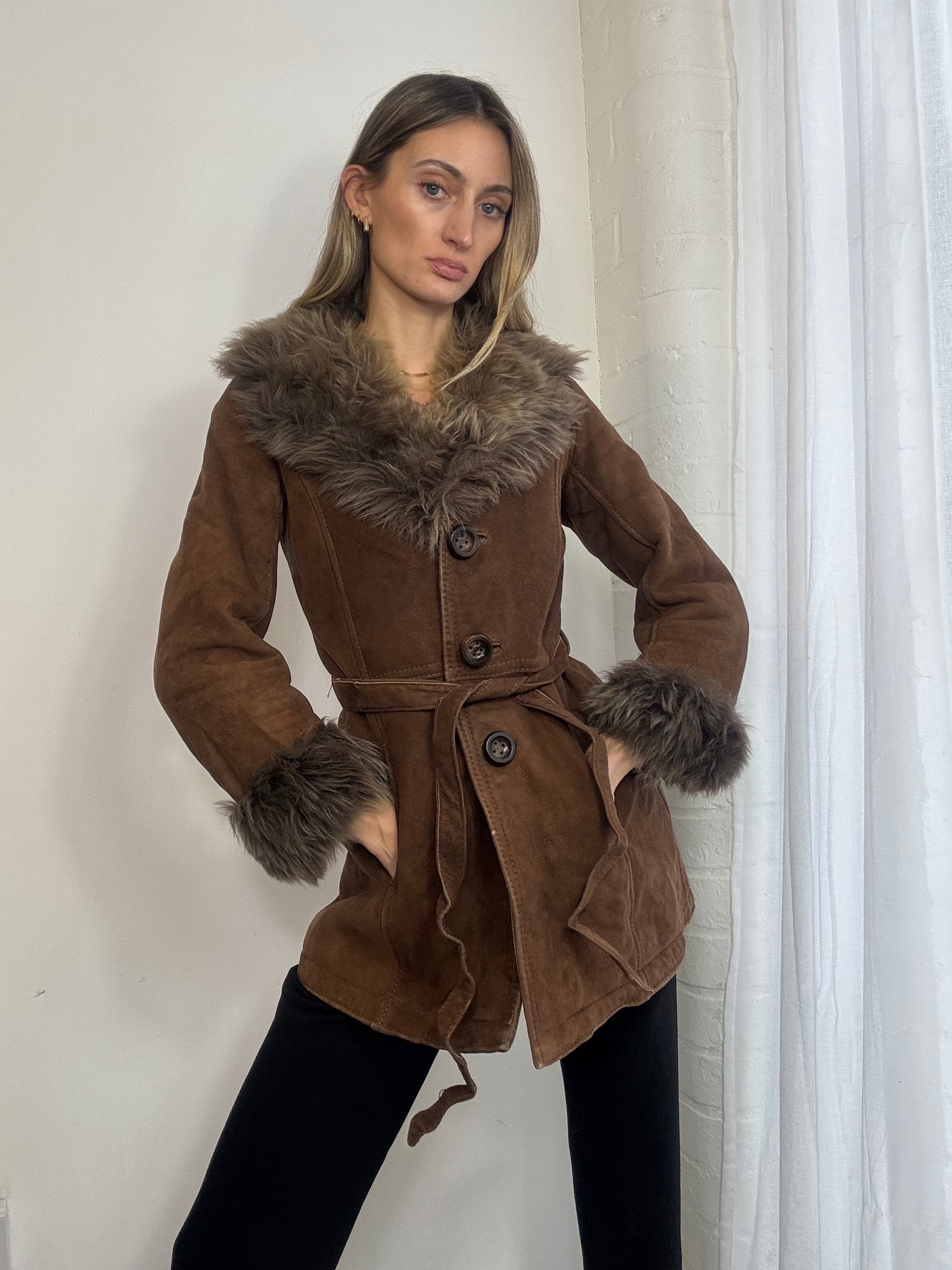 Vintage sheepskin suede coat brown