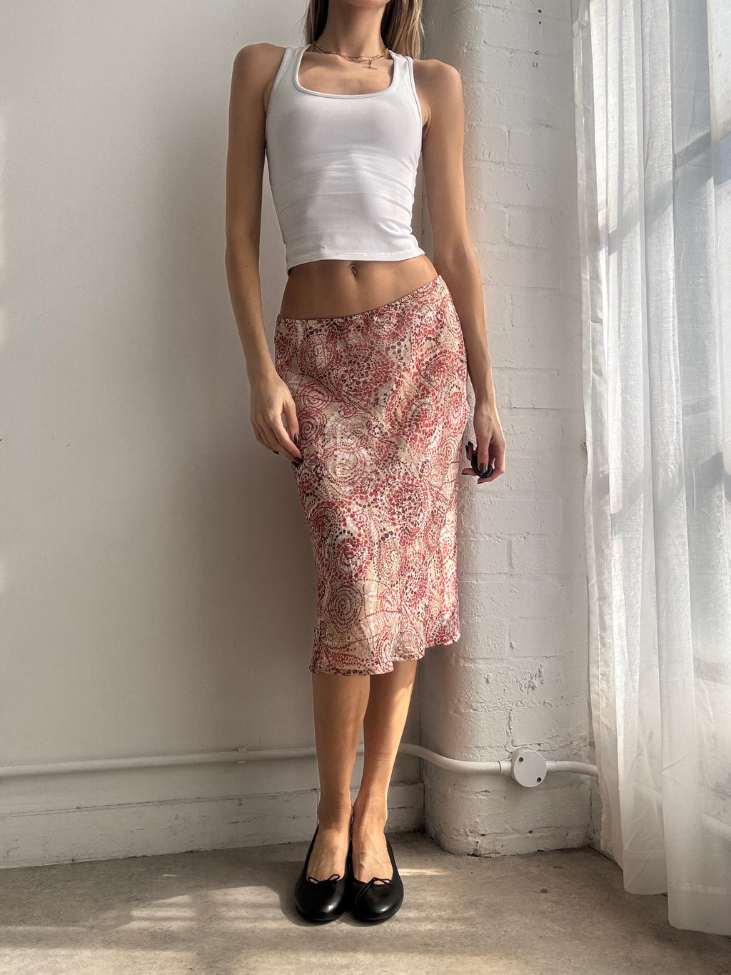 Vintage Y2K pink graphic mesh midi skirt