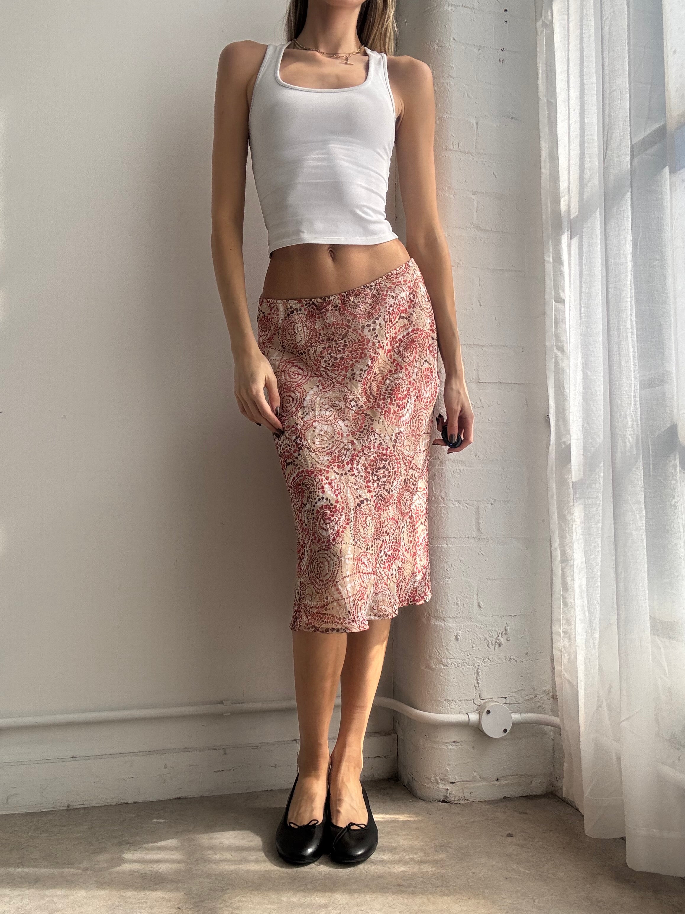 Vintage Y2K pink graphic mesh midi skirt