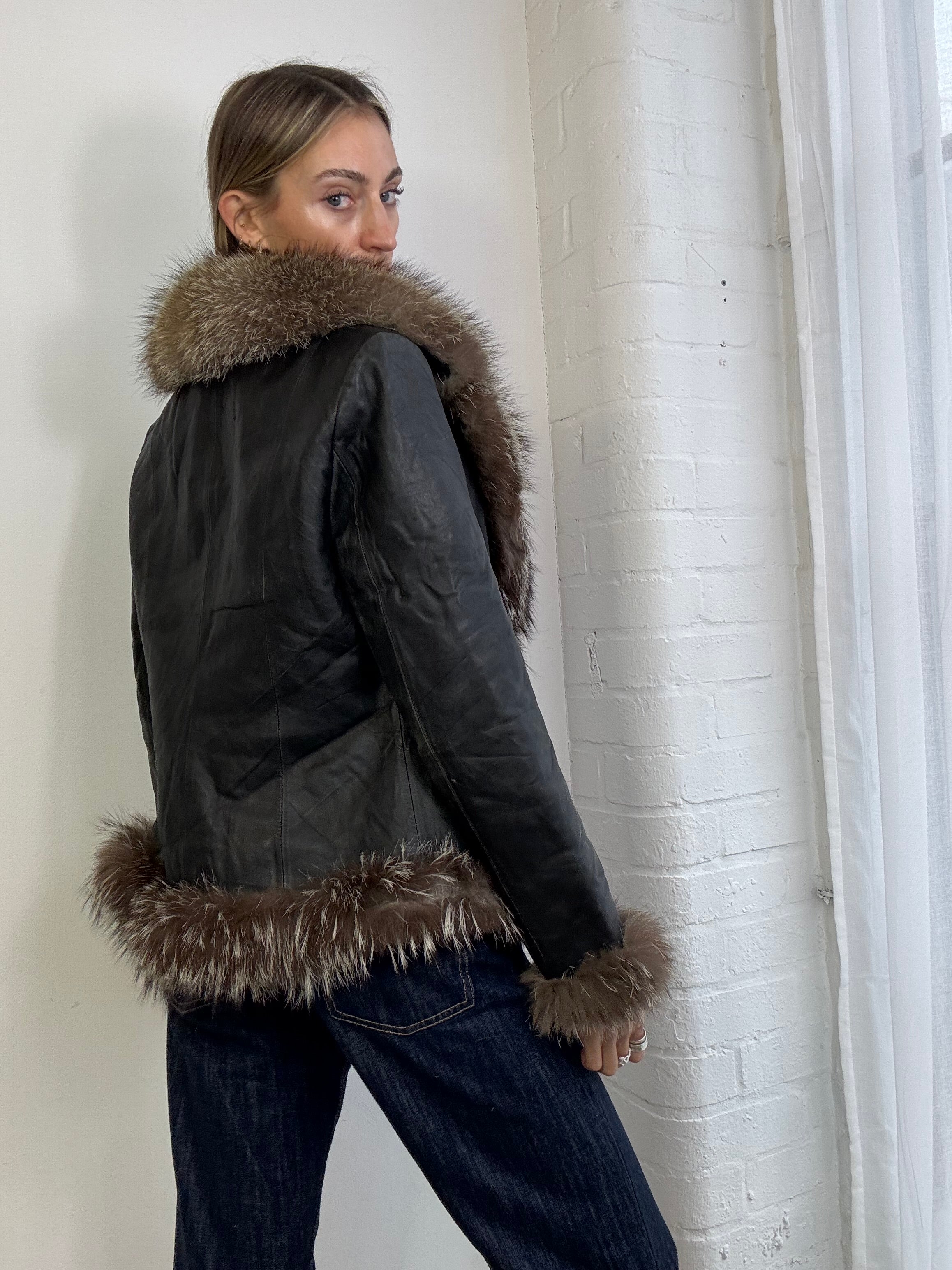 Vintage Y2K Afghan jacket black with brown fur trim