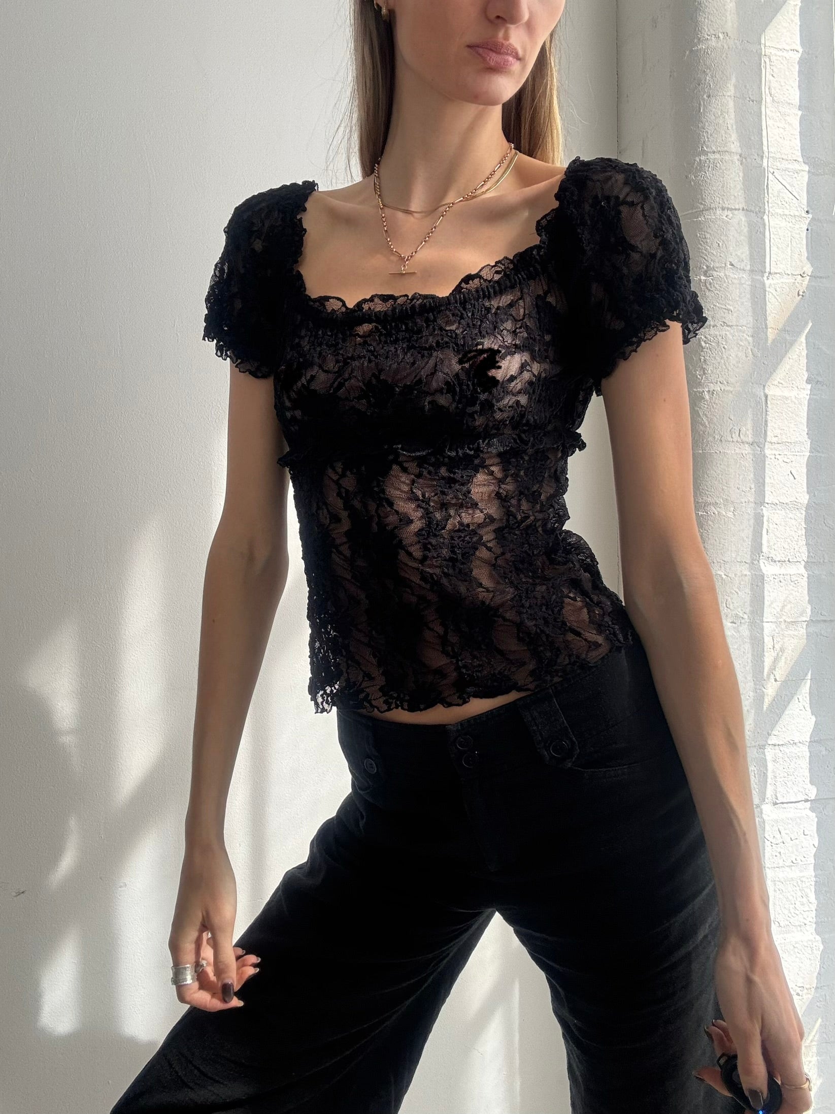 Vintage Y2K black lace sheer top - Size S