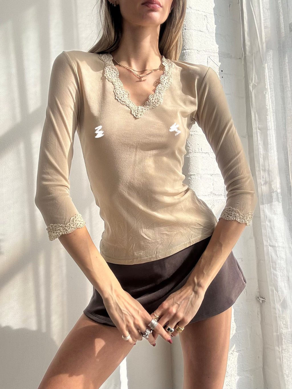 Vintage Y2K Morgan de toi beige lace trim 3/4 sleeve top