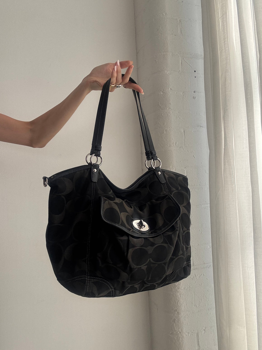 Vintage Y2K Coach Signature Hobo Bag – Black Monogram Canvas Shoulder Bag