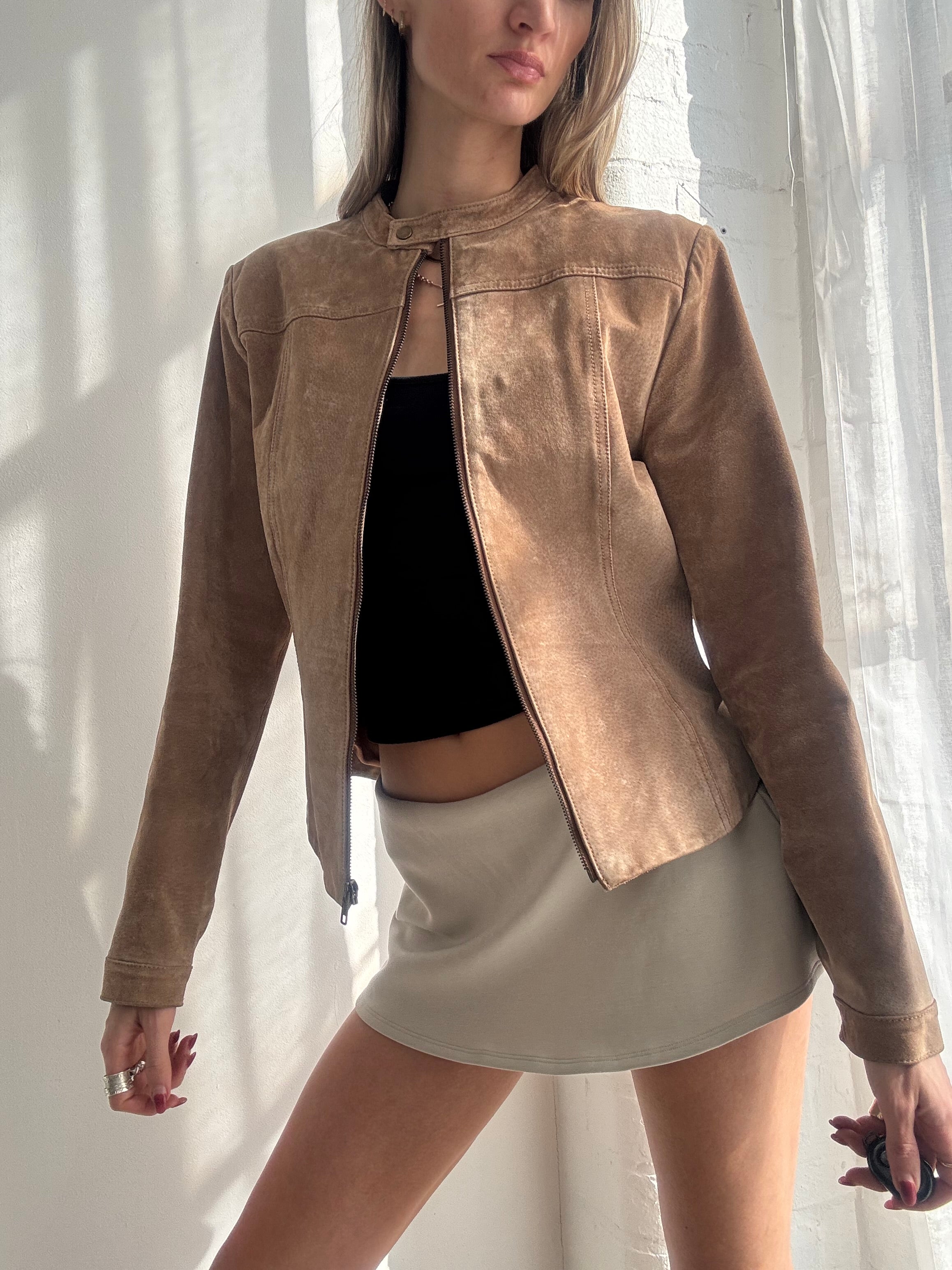 Vintage Y2K tan suede fitted zip-up biker jacket