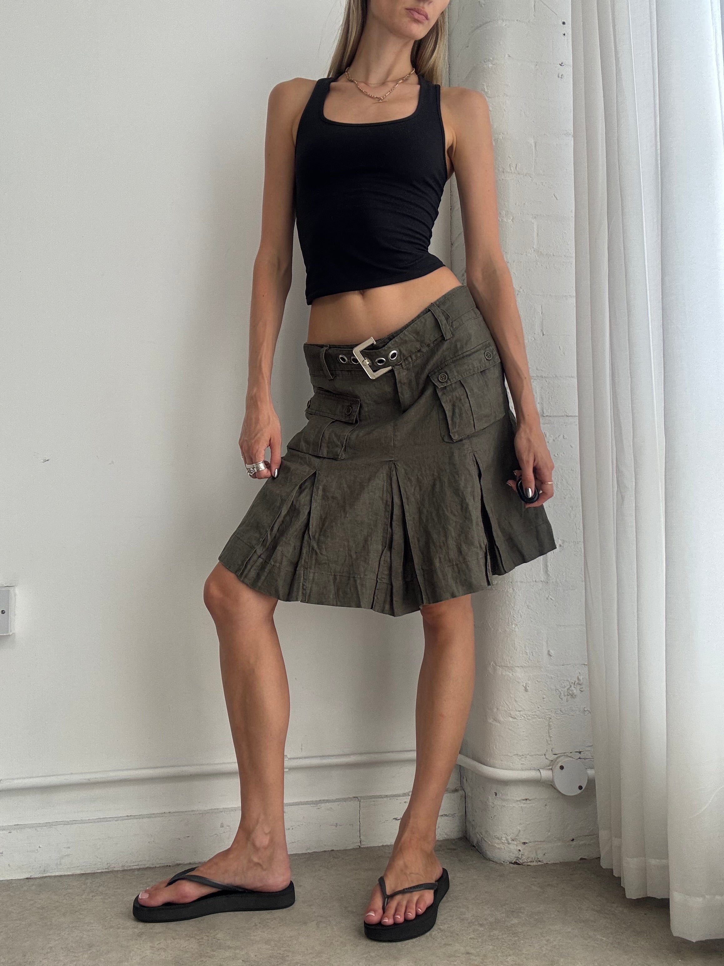 Vintage Y2K Utility Pleated Linen Midi Skirt – Khaki Low Rise Cargo Buckle Skirt - Size S