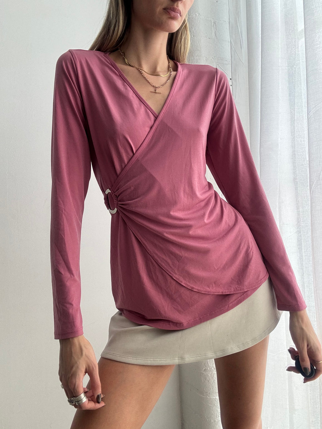 Vintage Y2K pink wrap long sleeve top - Size M