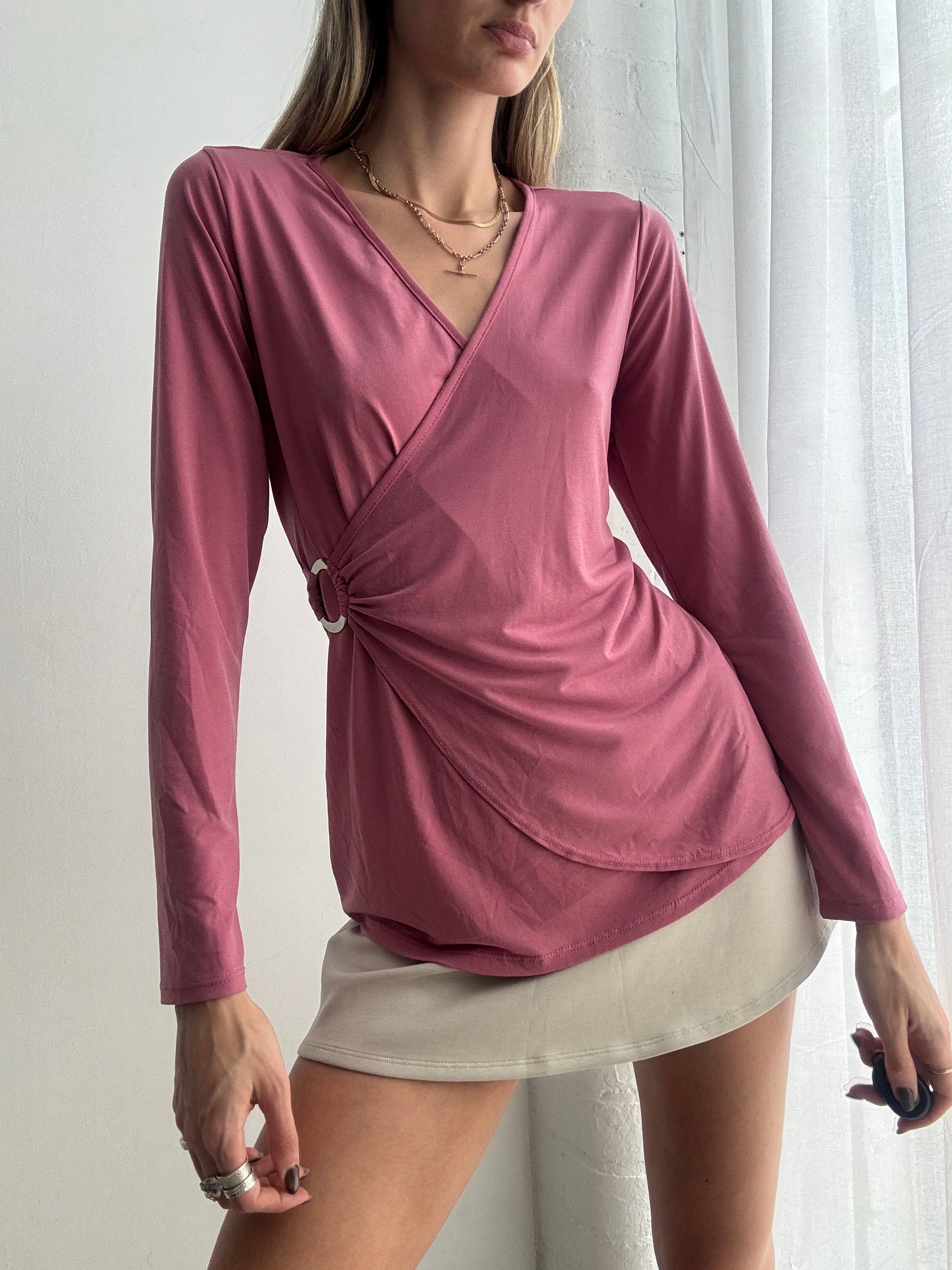Vintage Y2K pink wrap long sleeve top - Size M