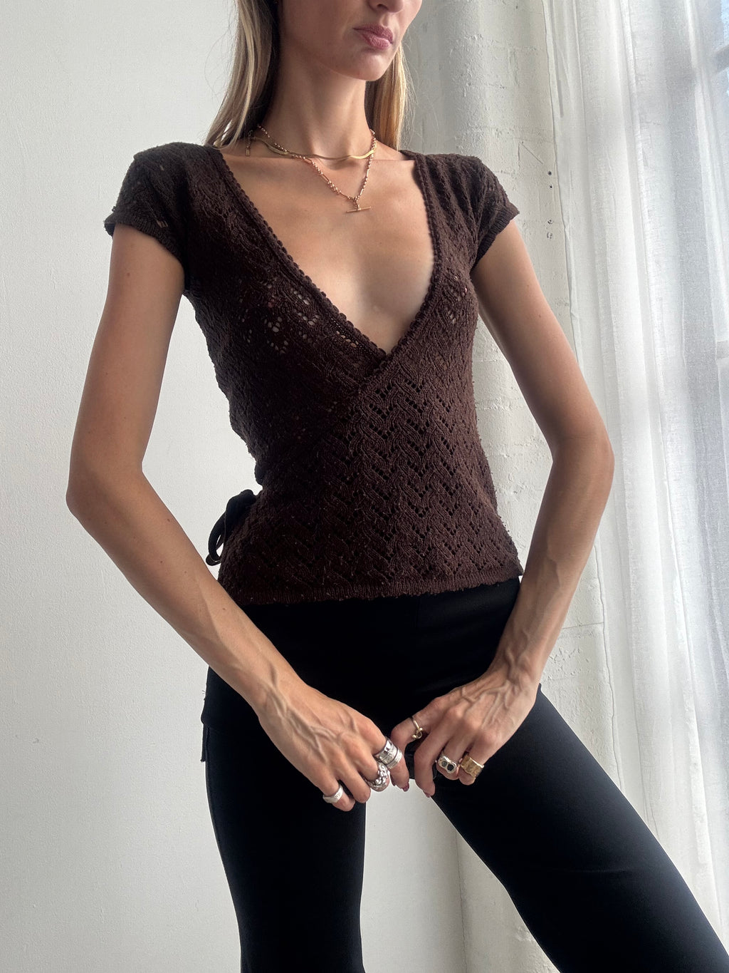 Vintage Y2K Chocolate Brown Deep V Neck Crochet Knit Wrap Top - Size XS/S