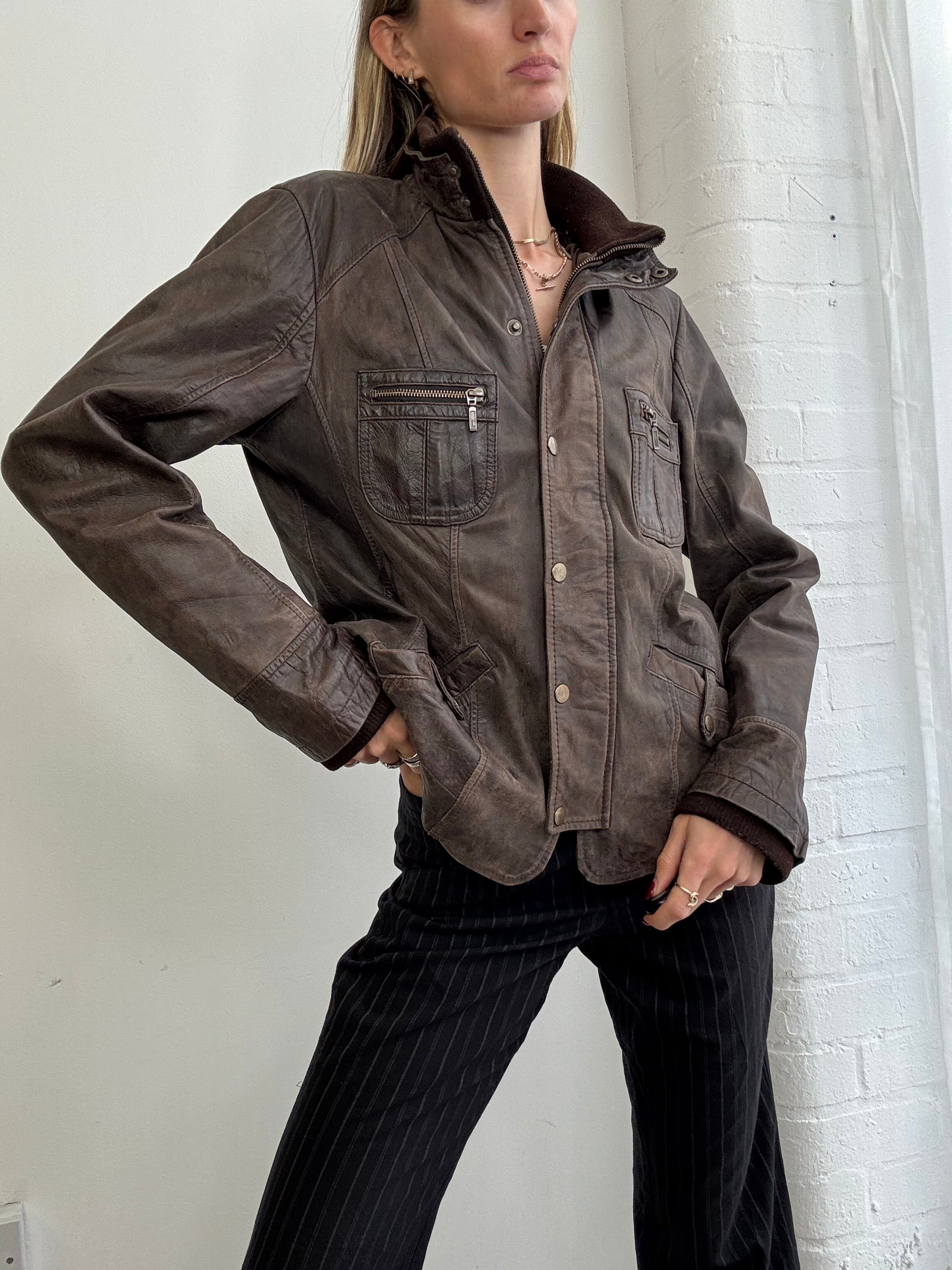 Vintage Y2K brown leather biker jacket