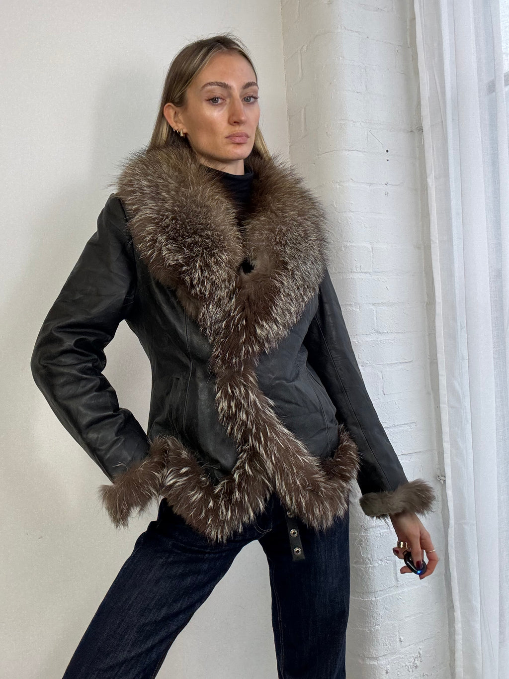 Vintage Y2K Afghan jacket black with brown fur trim