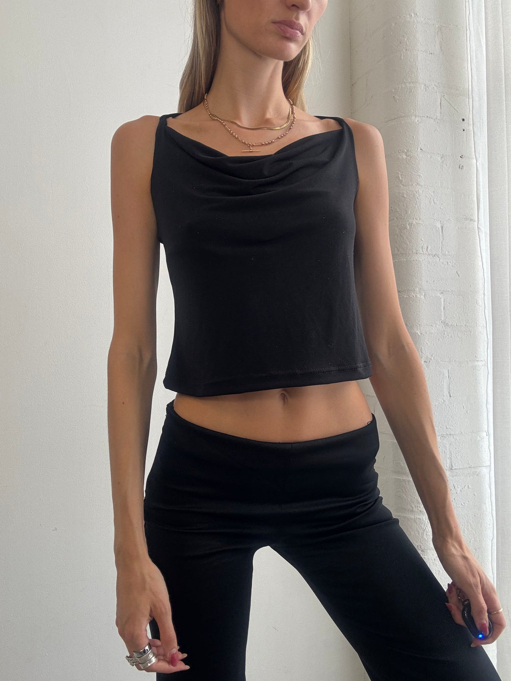 Vintage Y2K Black Cowl Neck Strappy Back Top - Size M