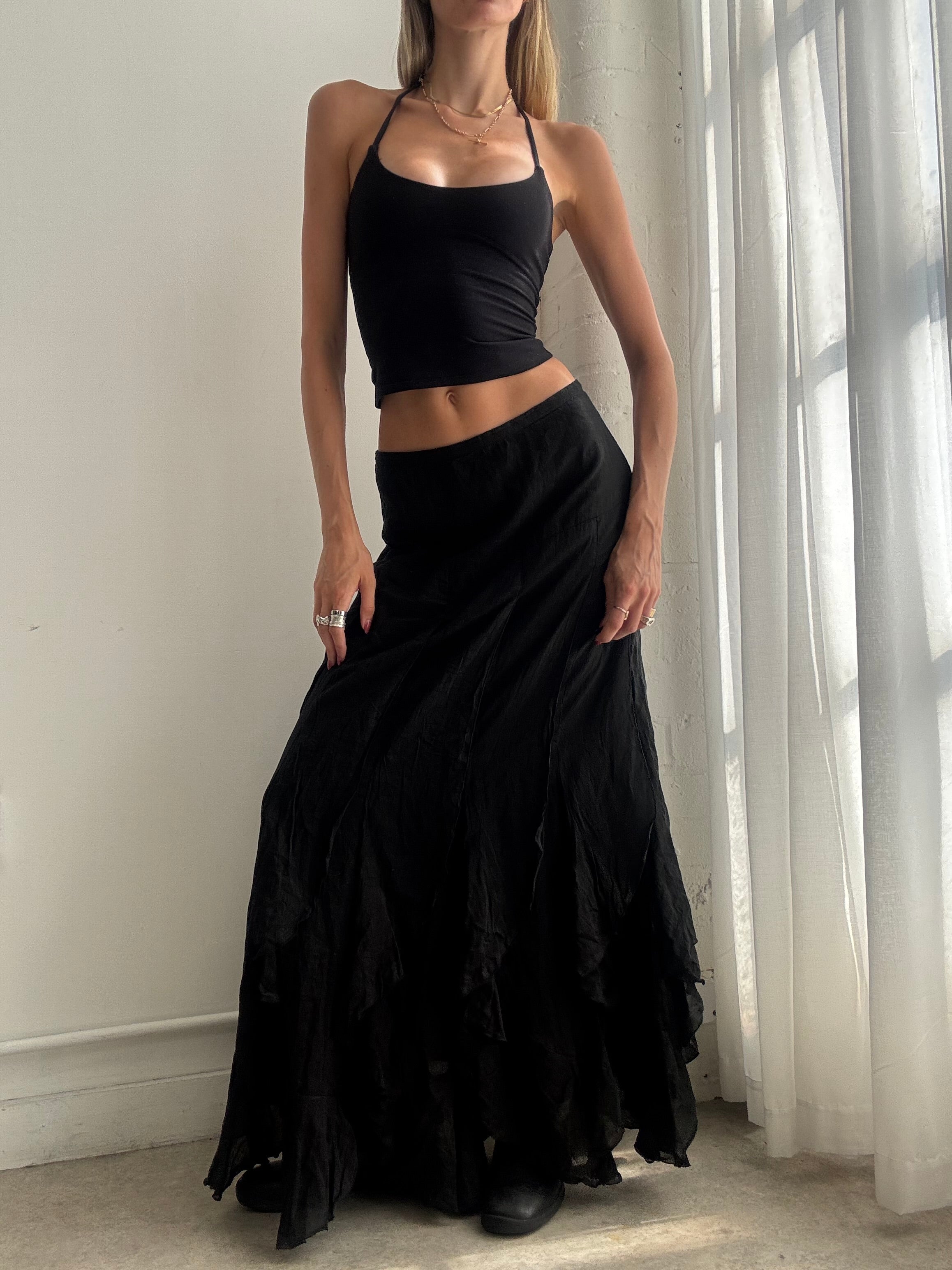 Vintage Y2k Black Ruffle Maxi Skirt - Size S/M