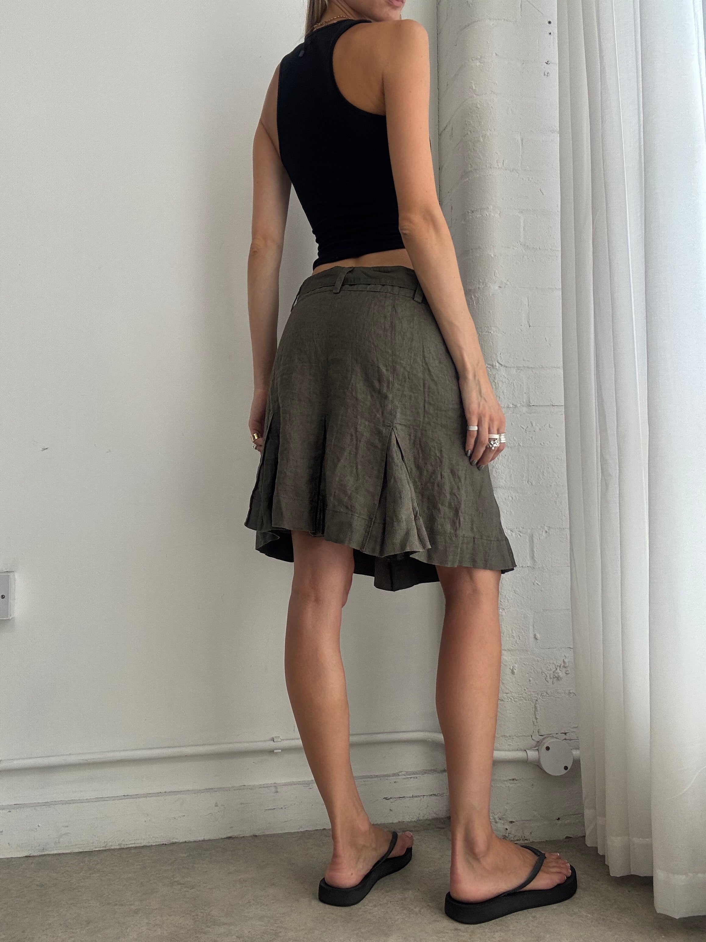 Vintage Y2K Utility Pleated Linen Midi Skirt – Khaki Low Rise Cargo Buckle Skirt - Size S