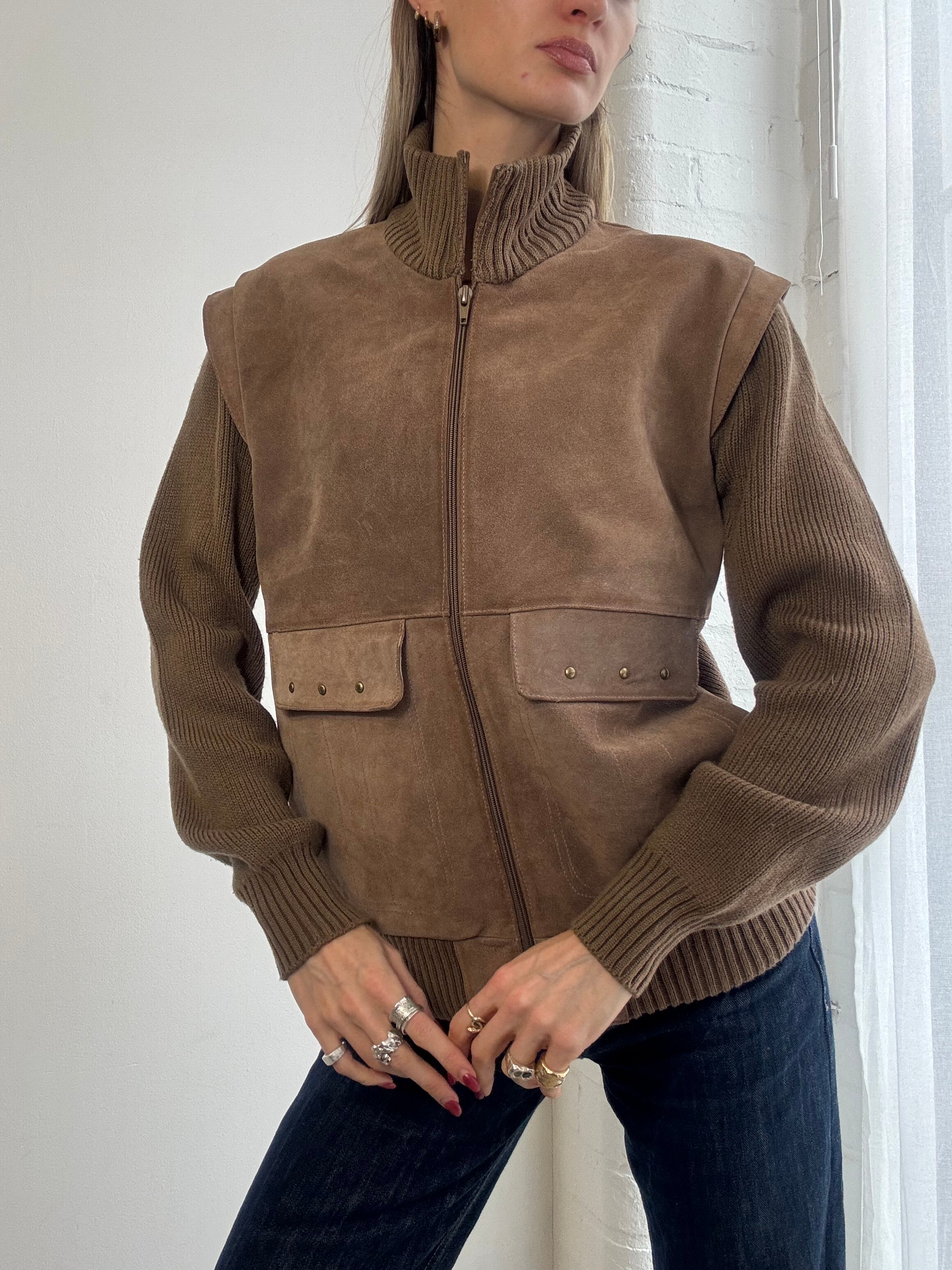 Vintage Y2K brown suede and knit zip jacket