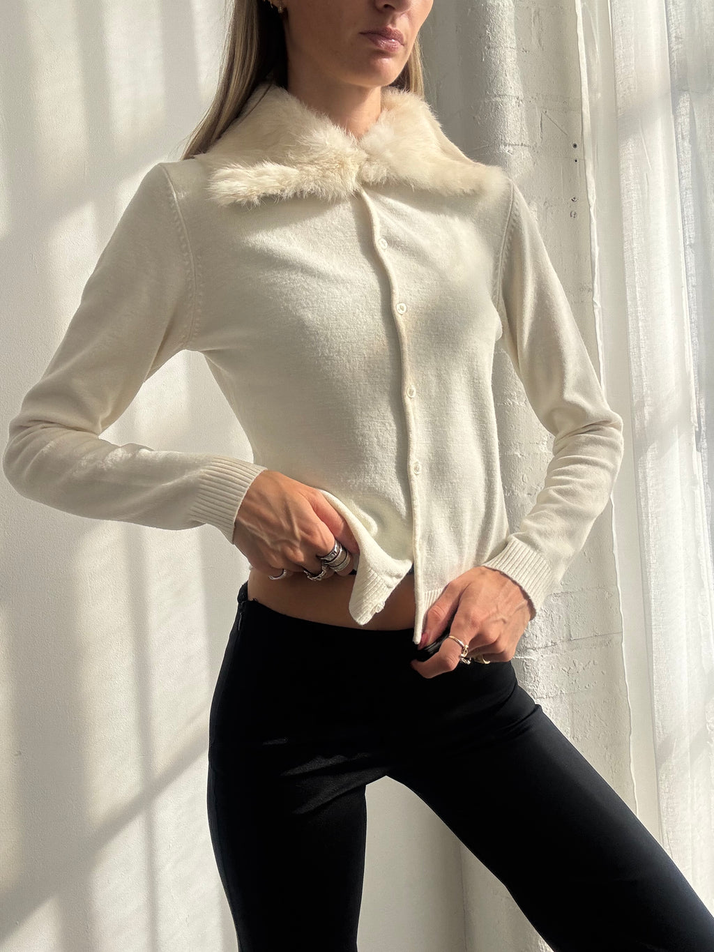 Vintage Y2K Cream Rabbit Fur Collar Knit Cardigan - Size S