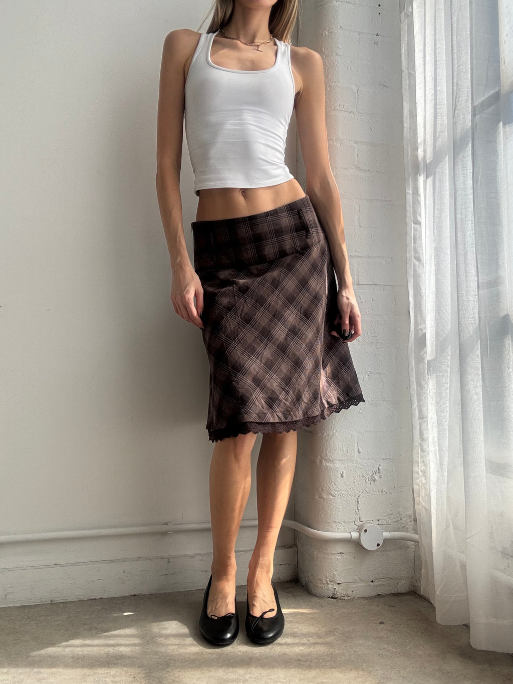 Vintage Y2K brown plaid lace trim midi skirt