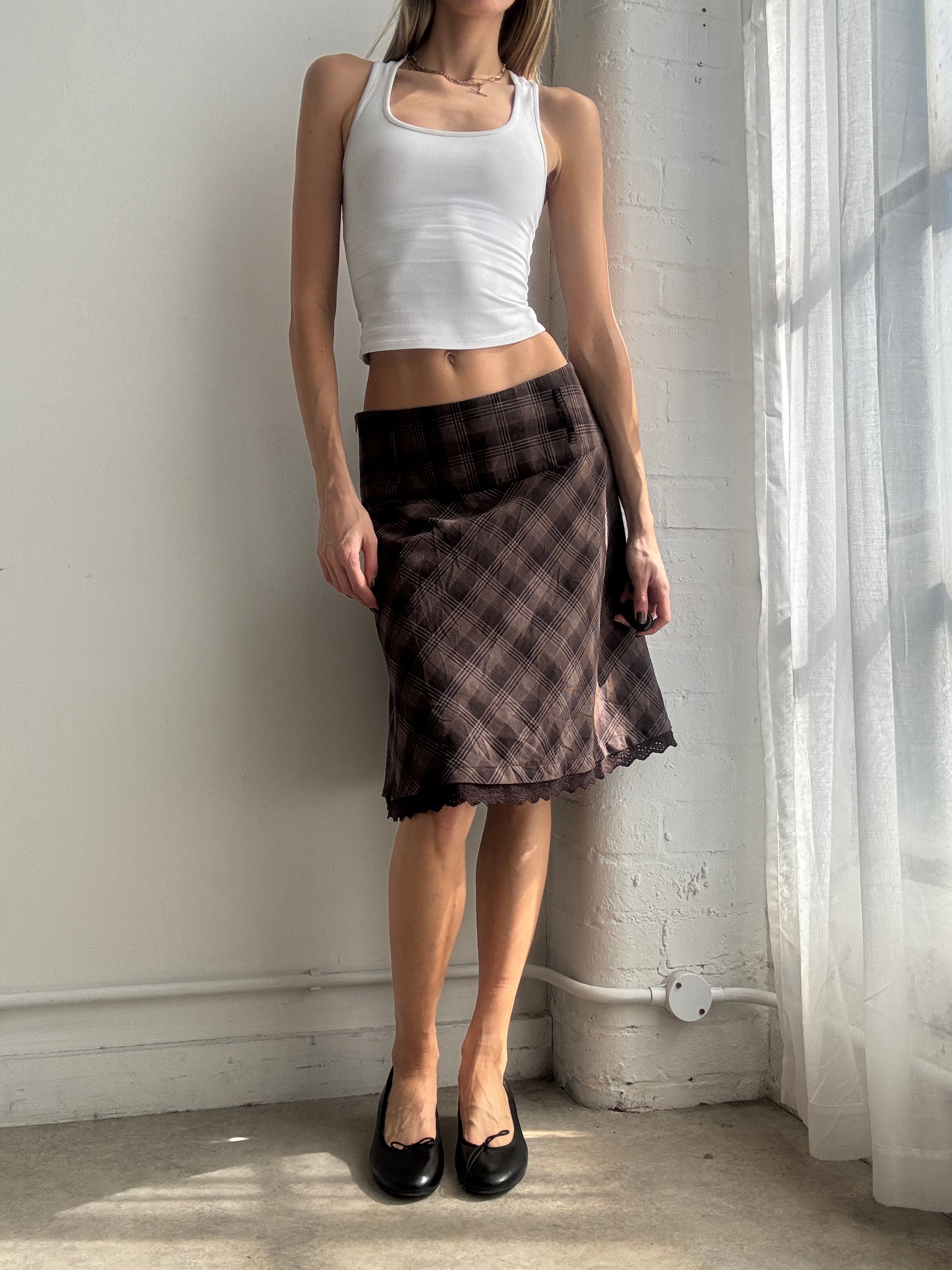 Vintage Y2K brown plaid lace trim midi skirt