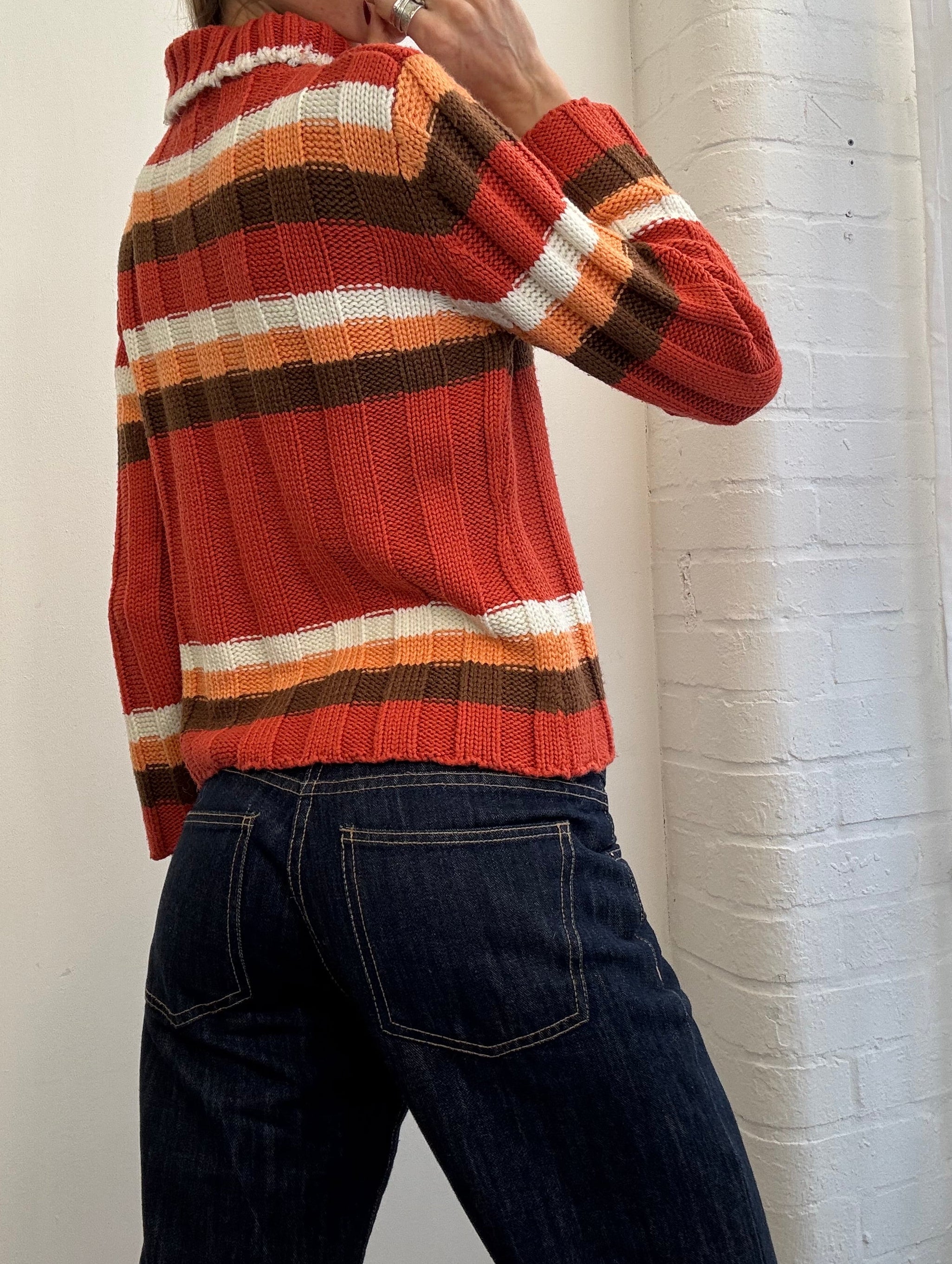Vintage Y2K stripe roll neck jumper orange