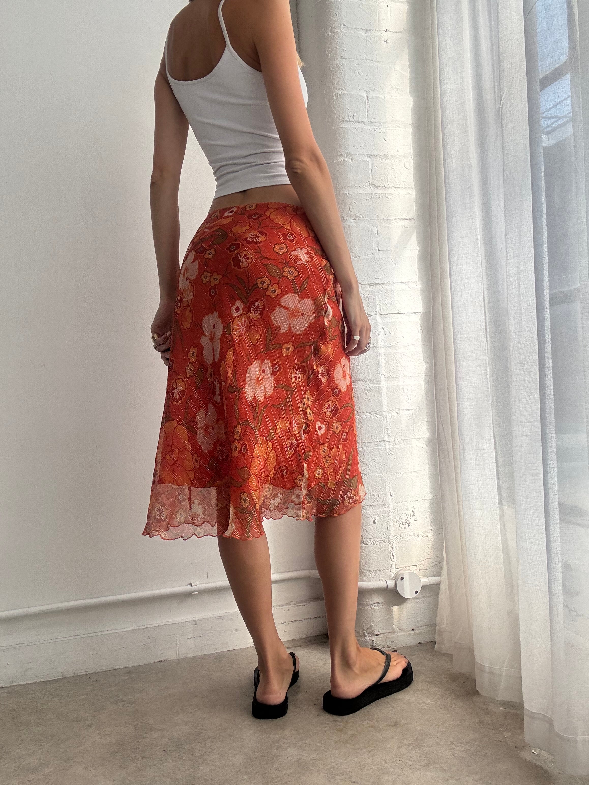 Vintage Y2K Red Orange Floral Mesh Bias Cut Midi Skirt - Size S