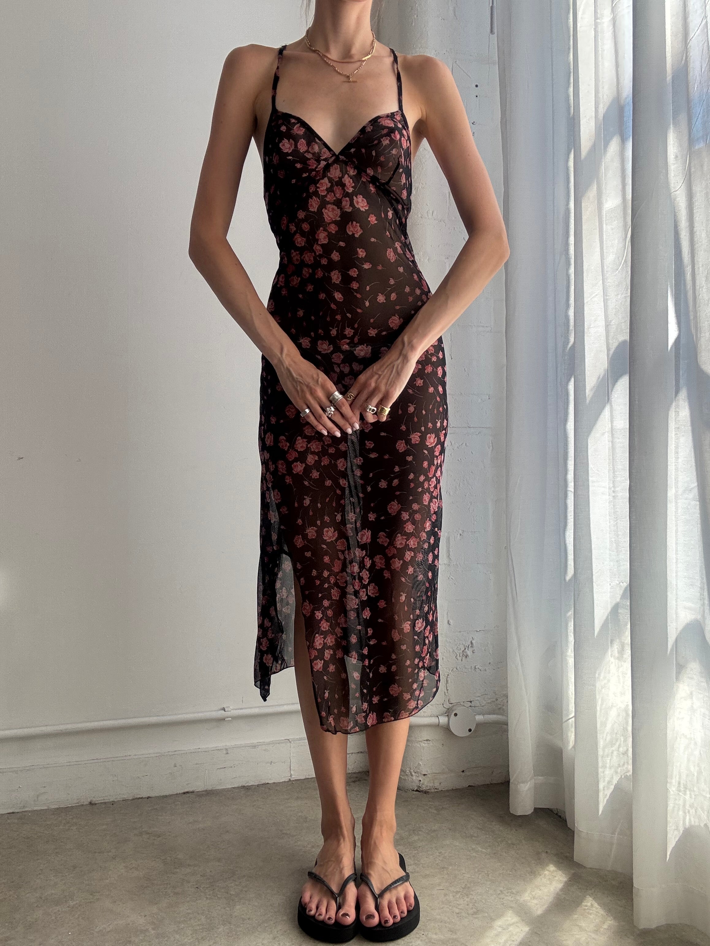 Vintage Floral Mesh Slip Dress Y2K - Size M