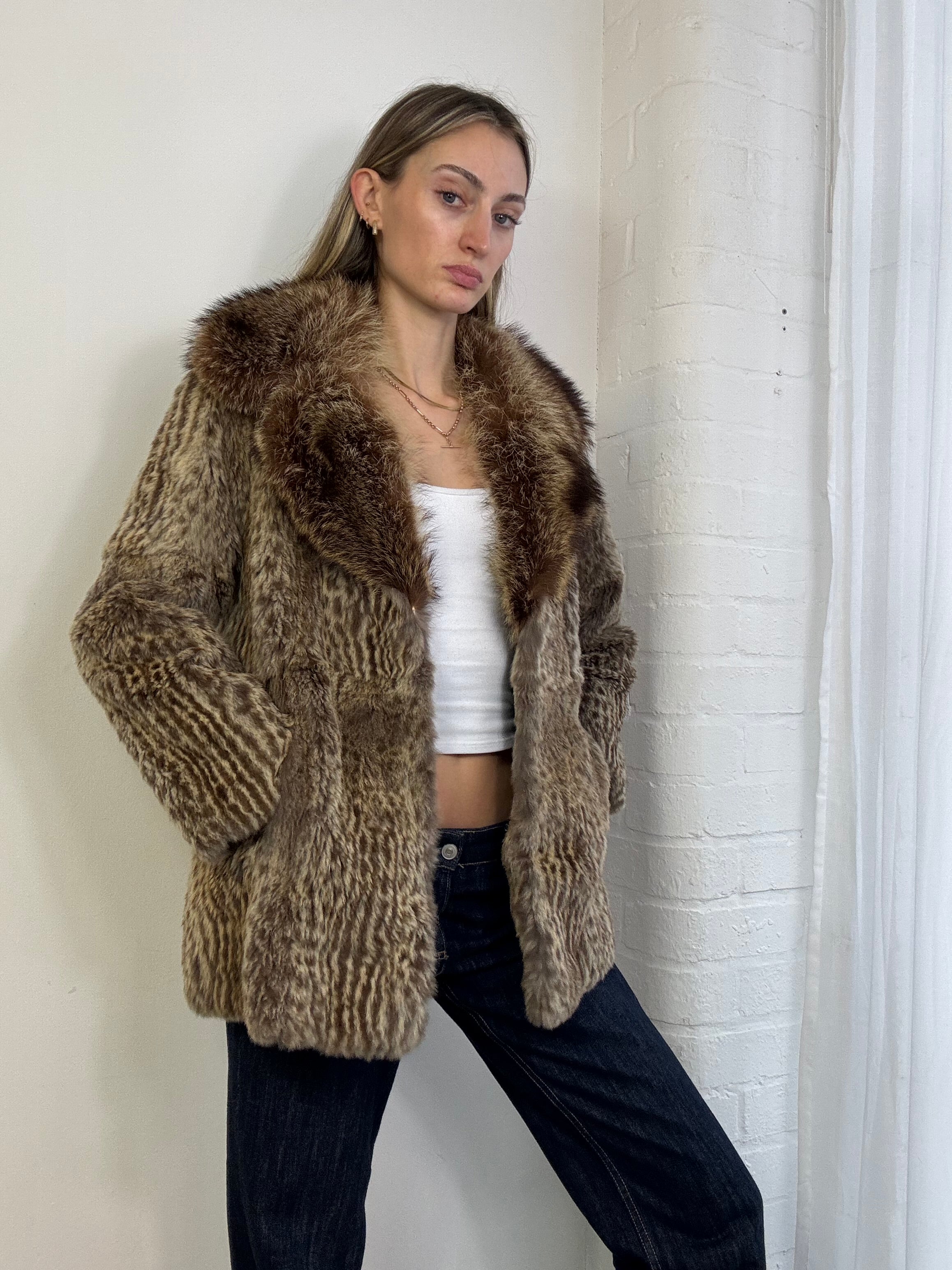 Vintage 90s leopard print fur coat brown