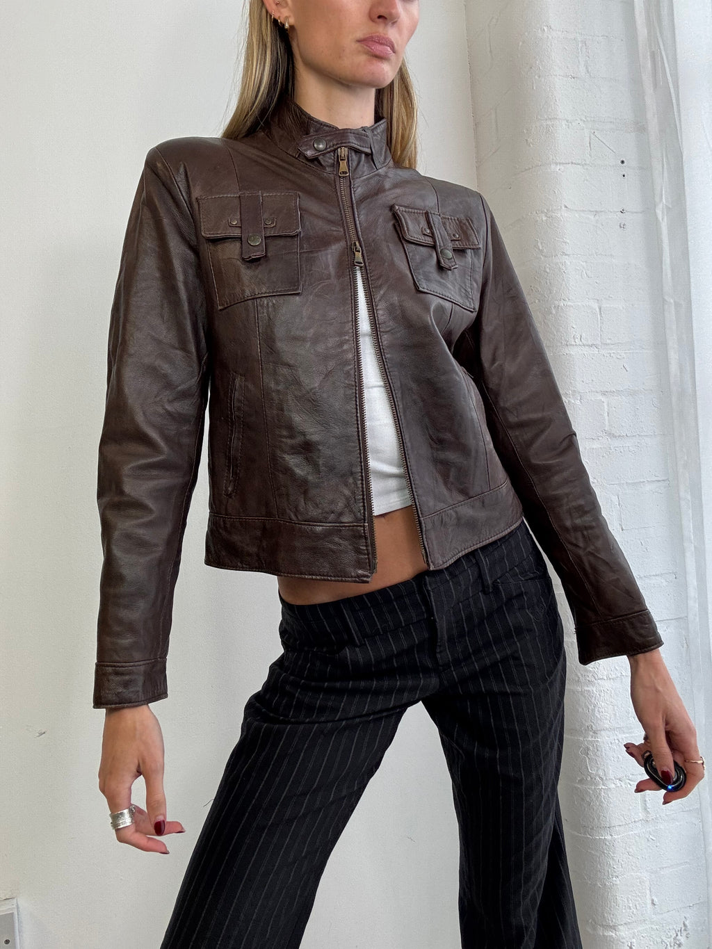 Vintage Y2K dual zip leather biker jacket brown