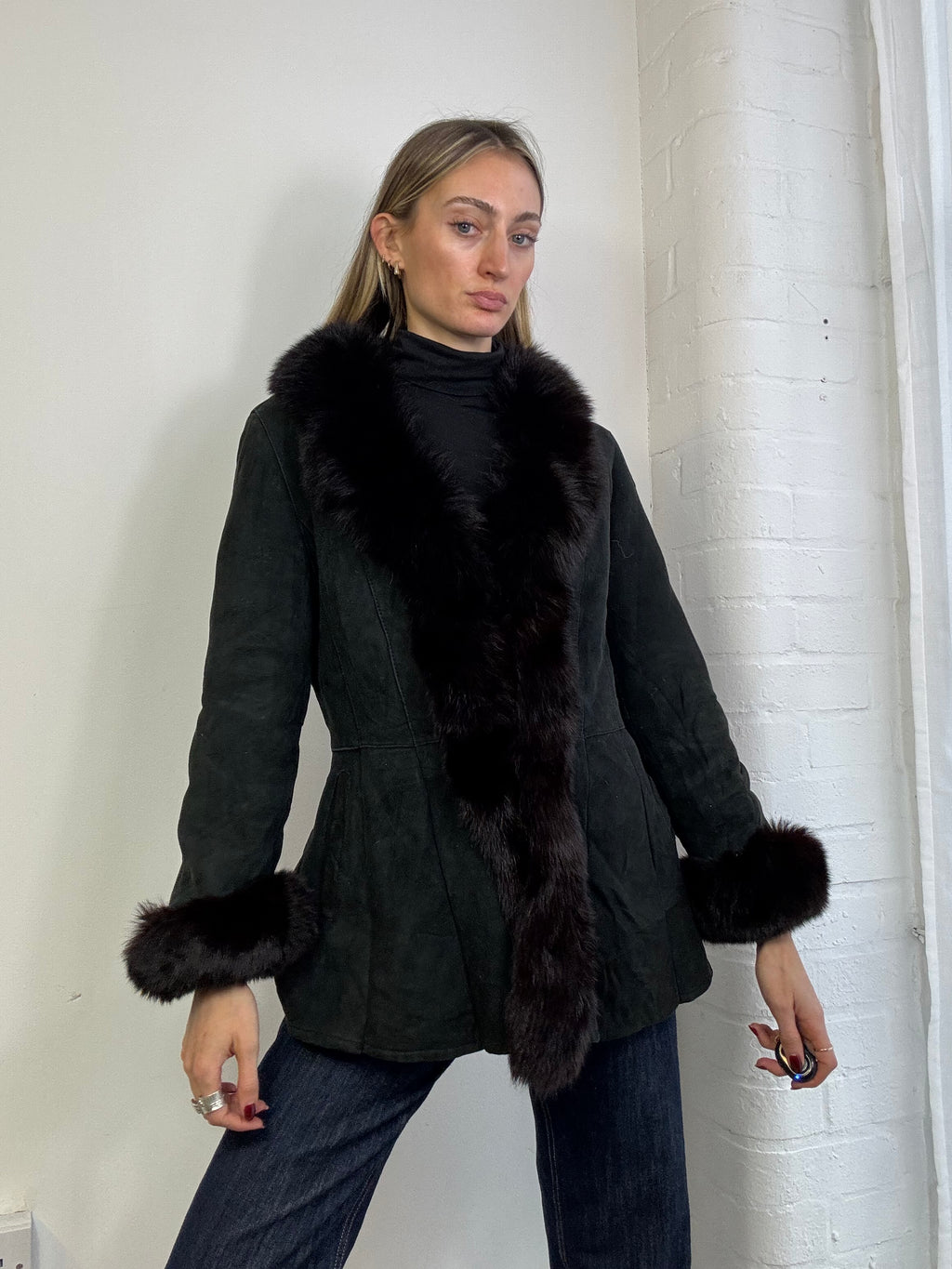 Vintage 90s black sheepskin coat with fox fur trim