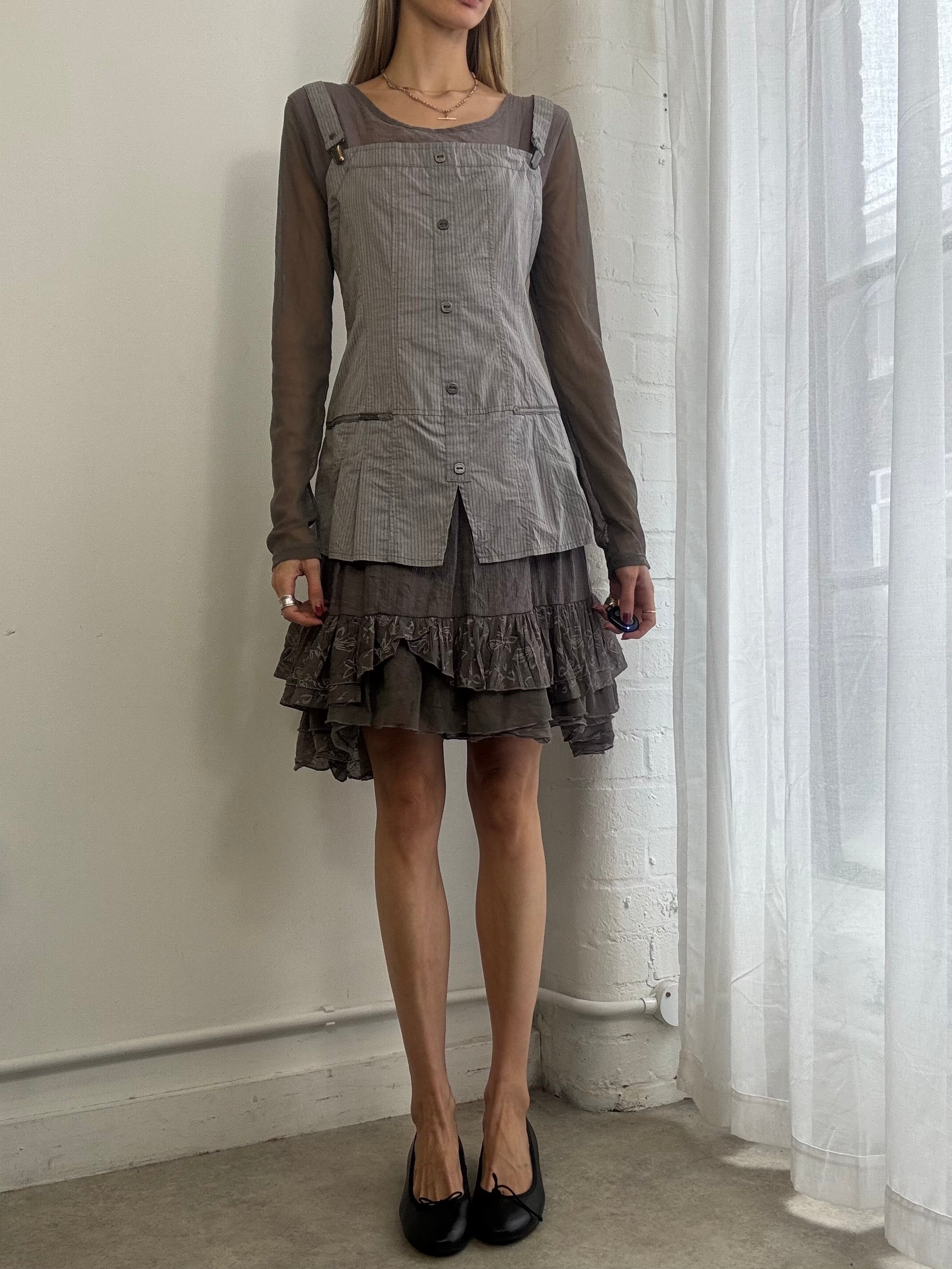 Vintage Y2k Long Sleeve Mesh Ruffle Dress Grey