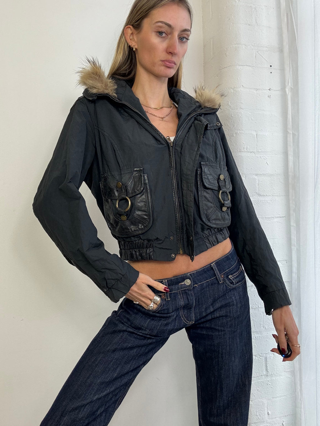 Vintage Y2K hooded bomber jacket