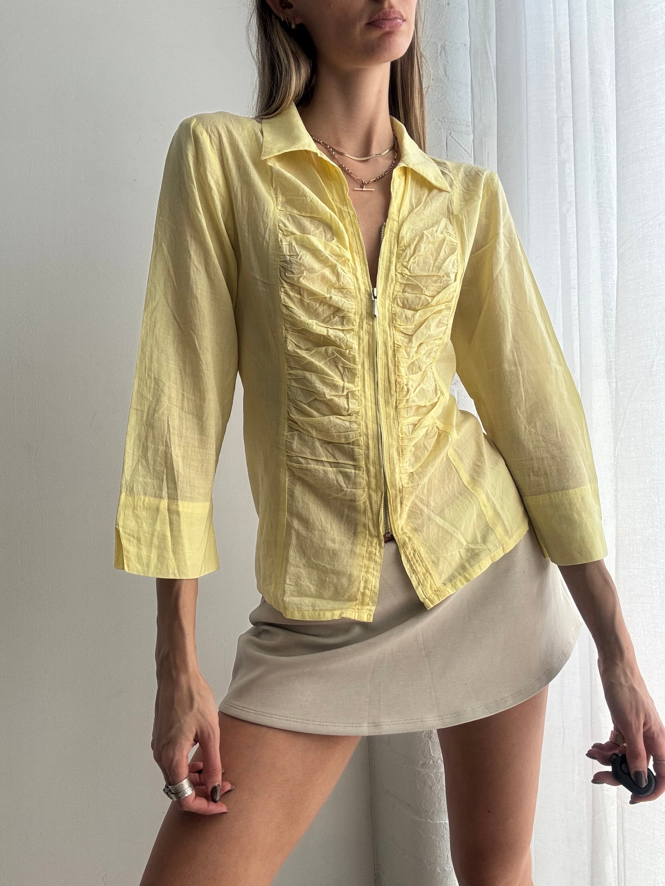 Vintage Y2K lemon yellow cotton ruched zip blouse - Size M
