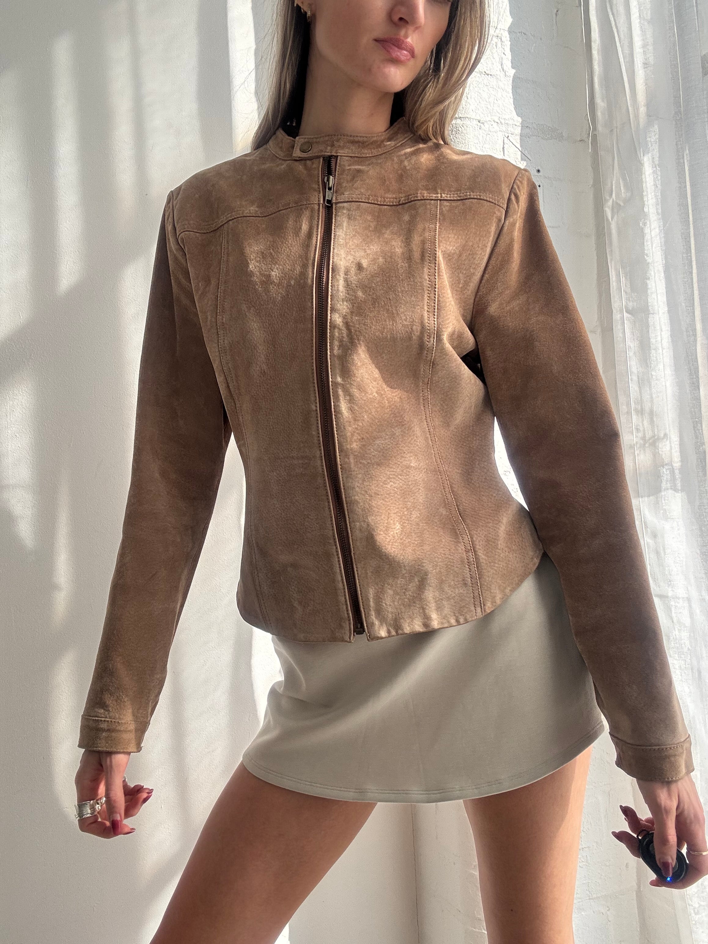 Vintage Y2K tan suede fitted zip-up biker jacket