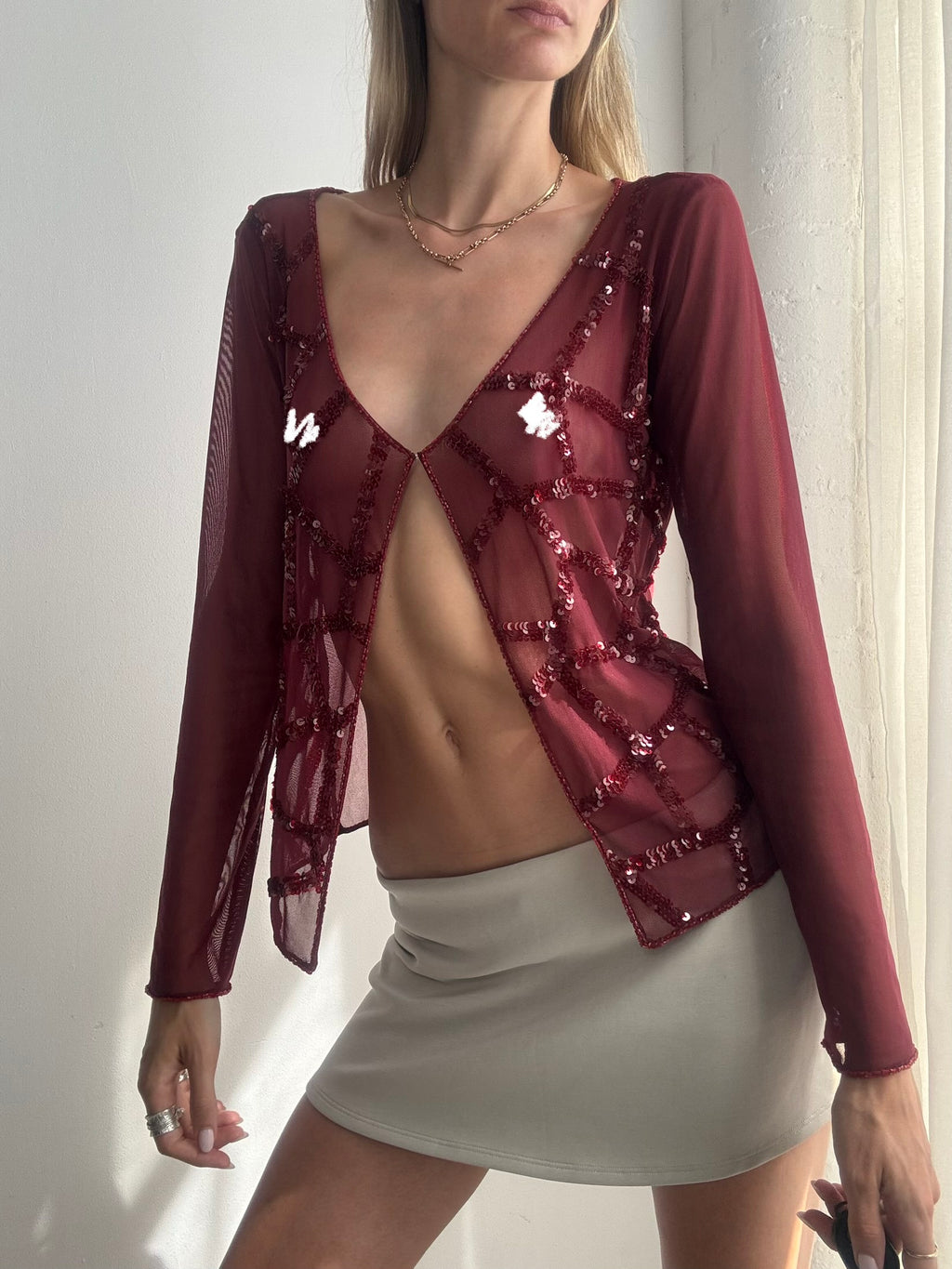 Vintage Y2K Burgundy Sequin Mesh Cardigan - Size M