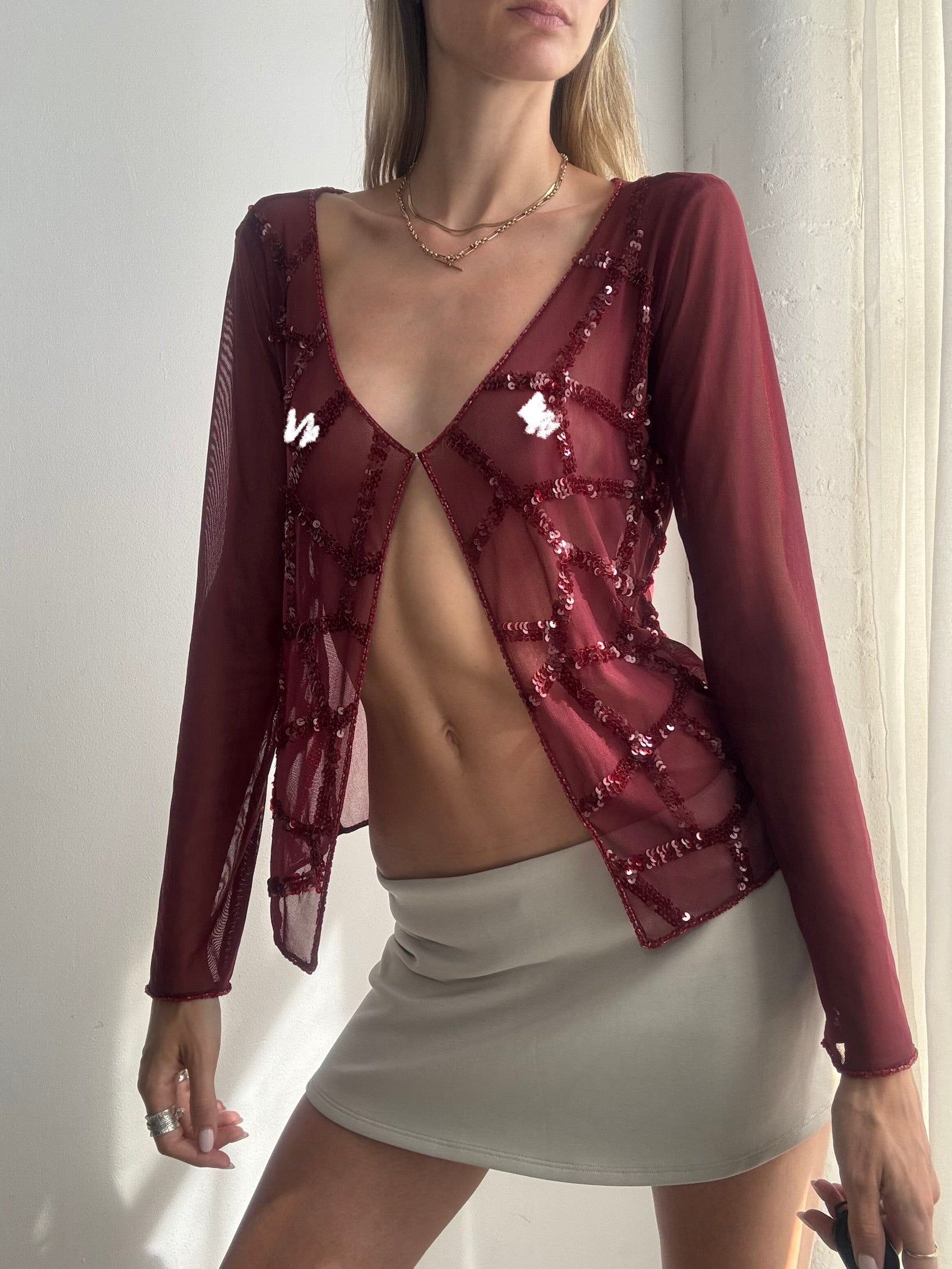 Vintage Y2K Burgundy Sequin Mesh Cardigan - Size M