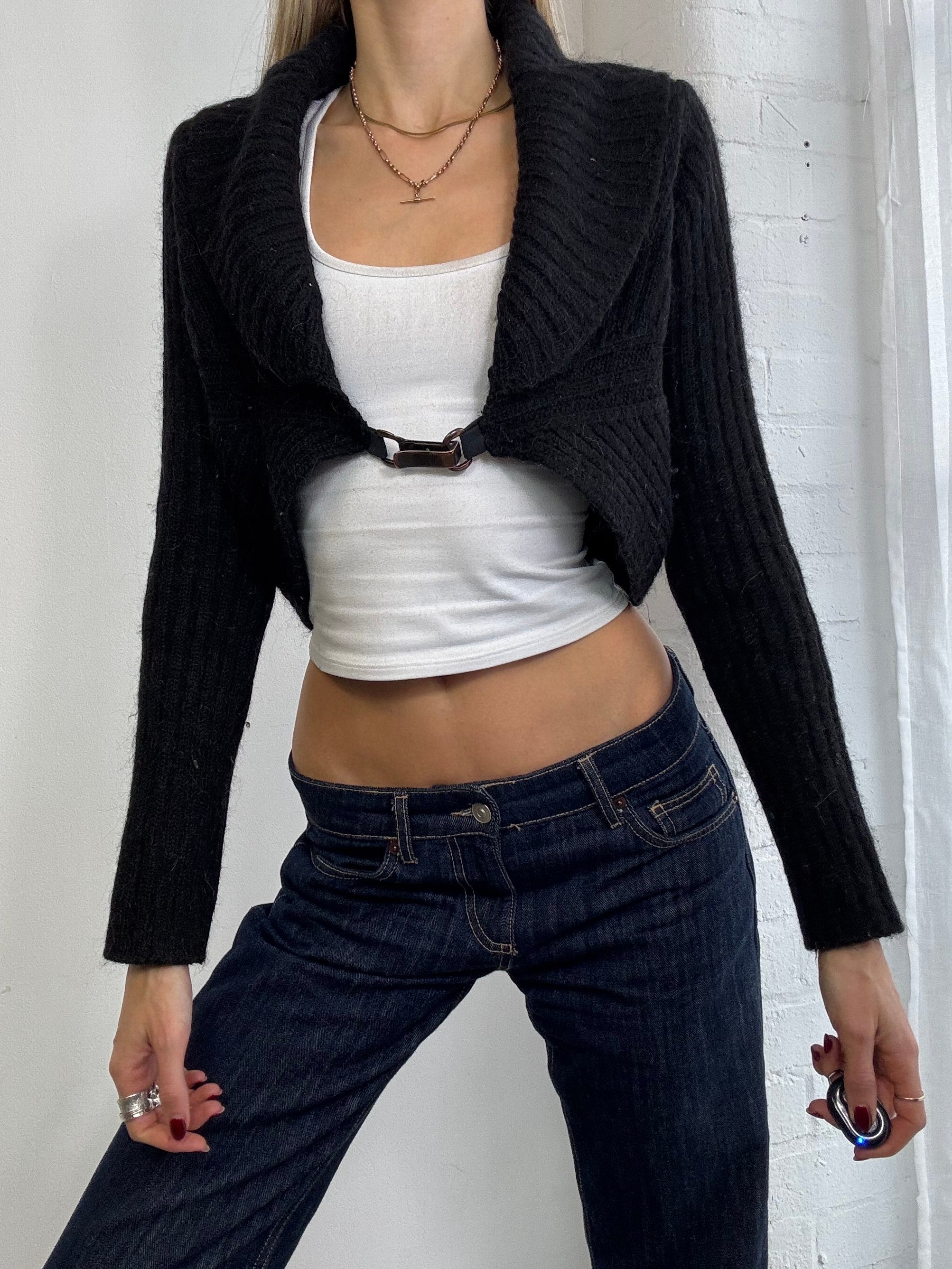 Vintage Y2K crop wool buckle front cardigan