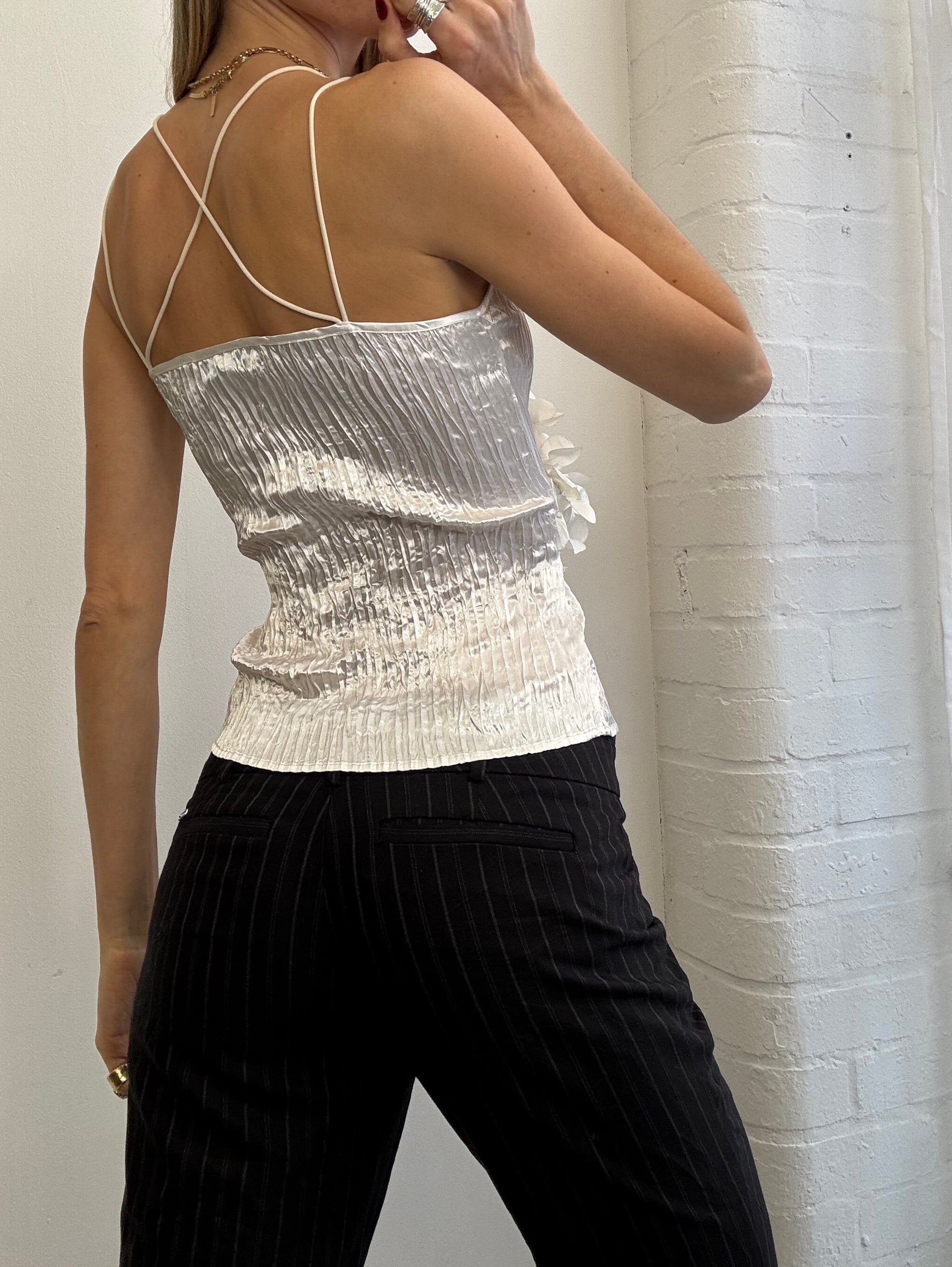 Vintage Y2K white satin ruffle cami top fairy