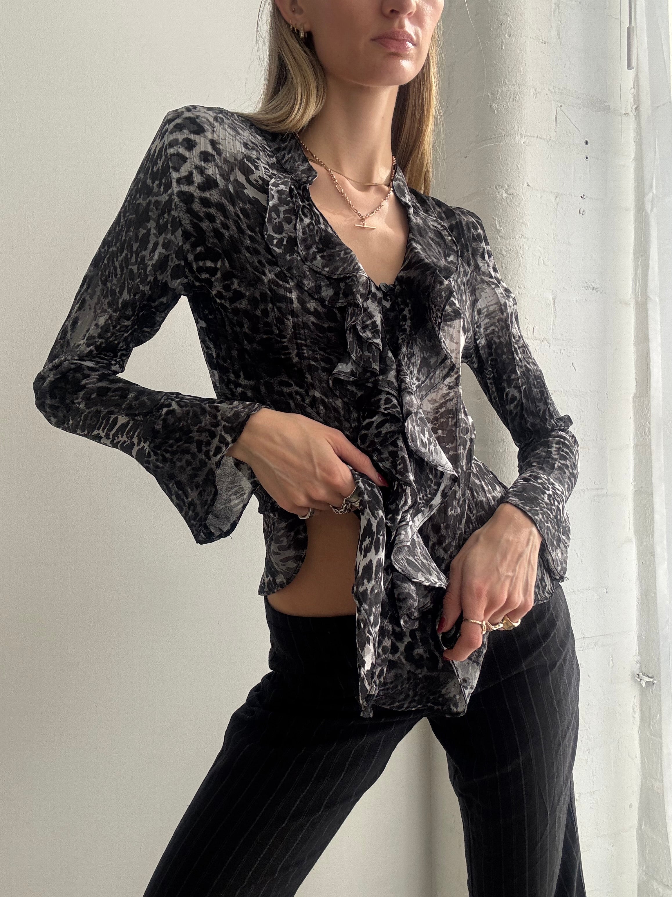 Vintage Y2K sheer animal print ruffle blouse