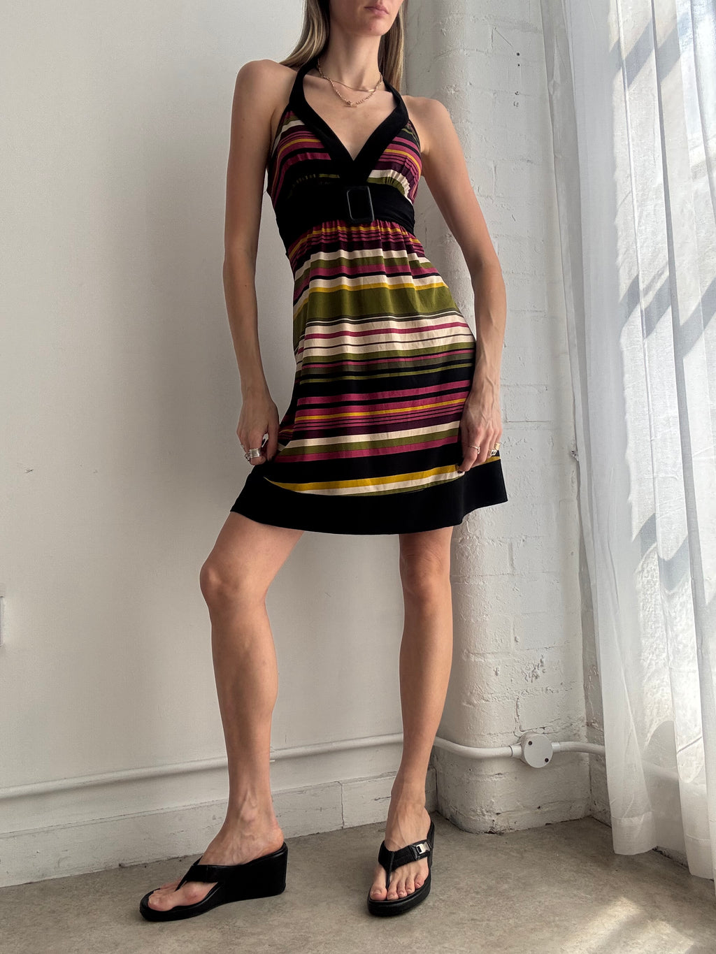 Vintage y2k striped halter mini dress - Size S