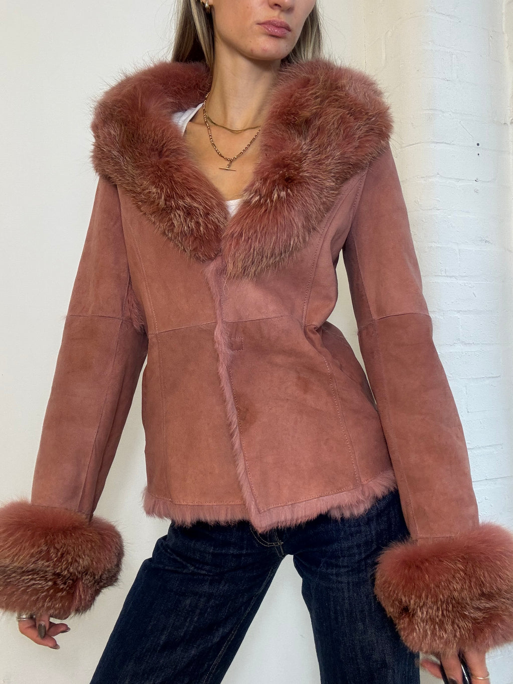 Vintage Y2K Morgan De Toi Dusty Pink Suede Fox Fur Trim Jacket - Size S