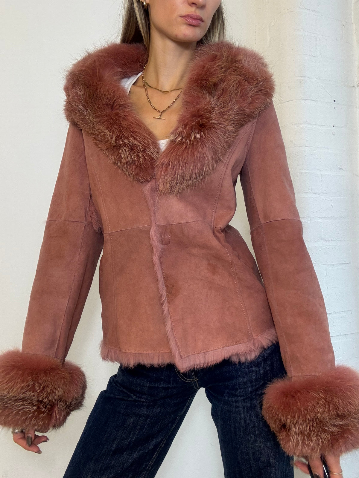Vintage Y2K Morgan De Toi Dusty Pink Suede Fox Fur Trim Jacket - Size S