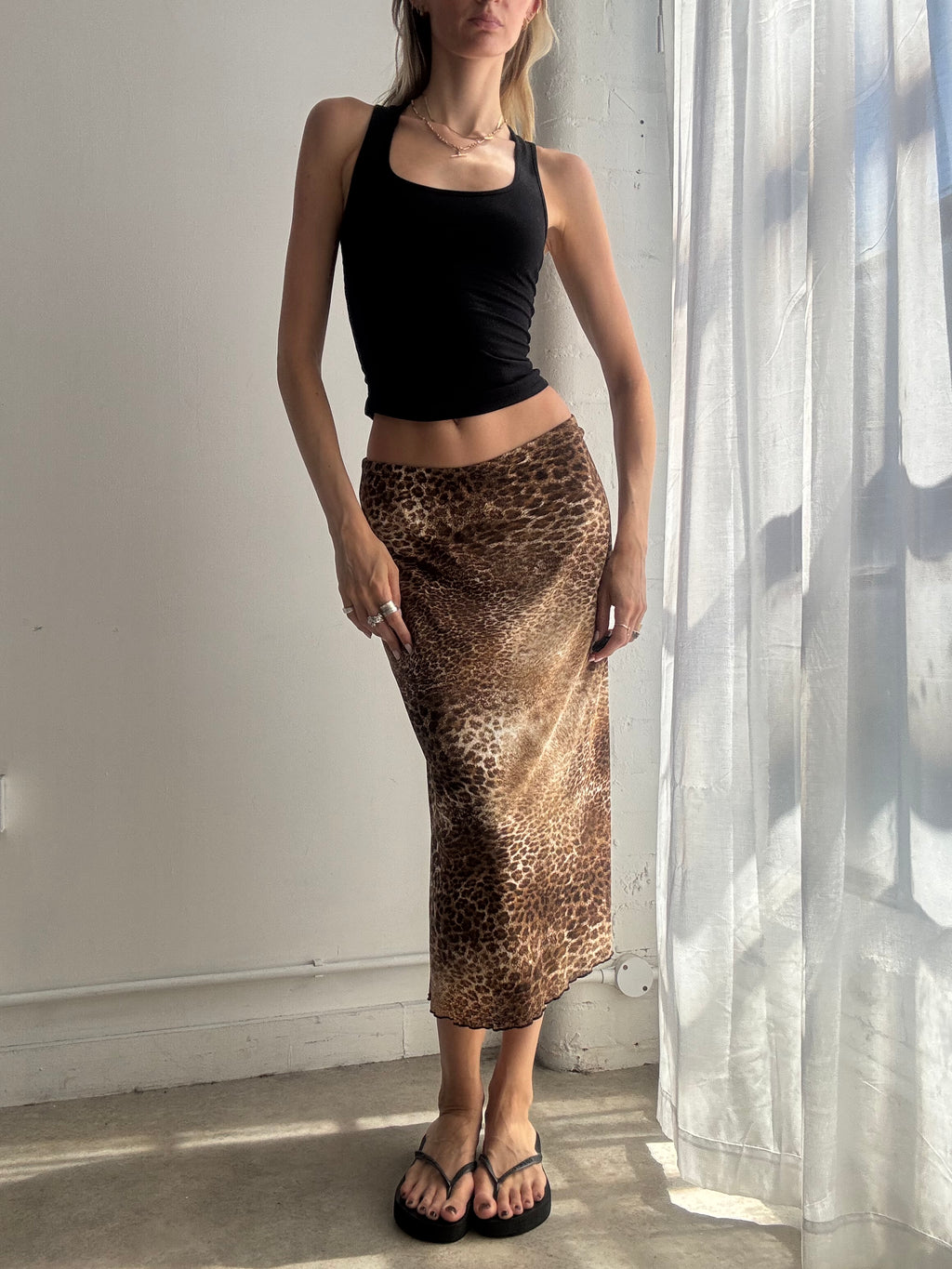 Vintage Leopard Print Mesh Midi Skirt Y2K - Size S/M