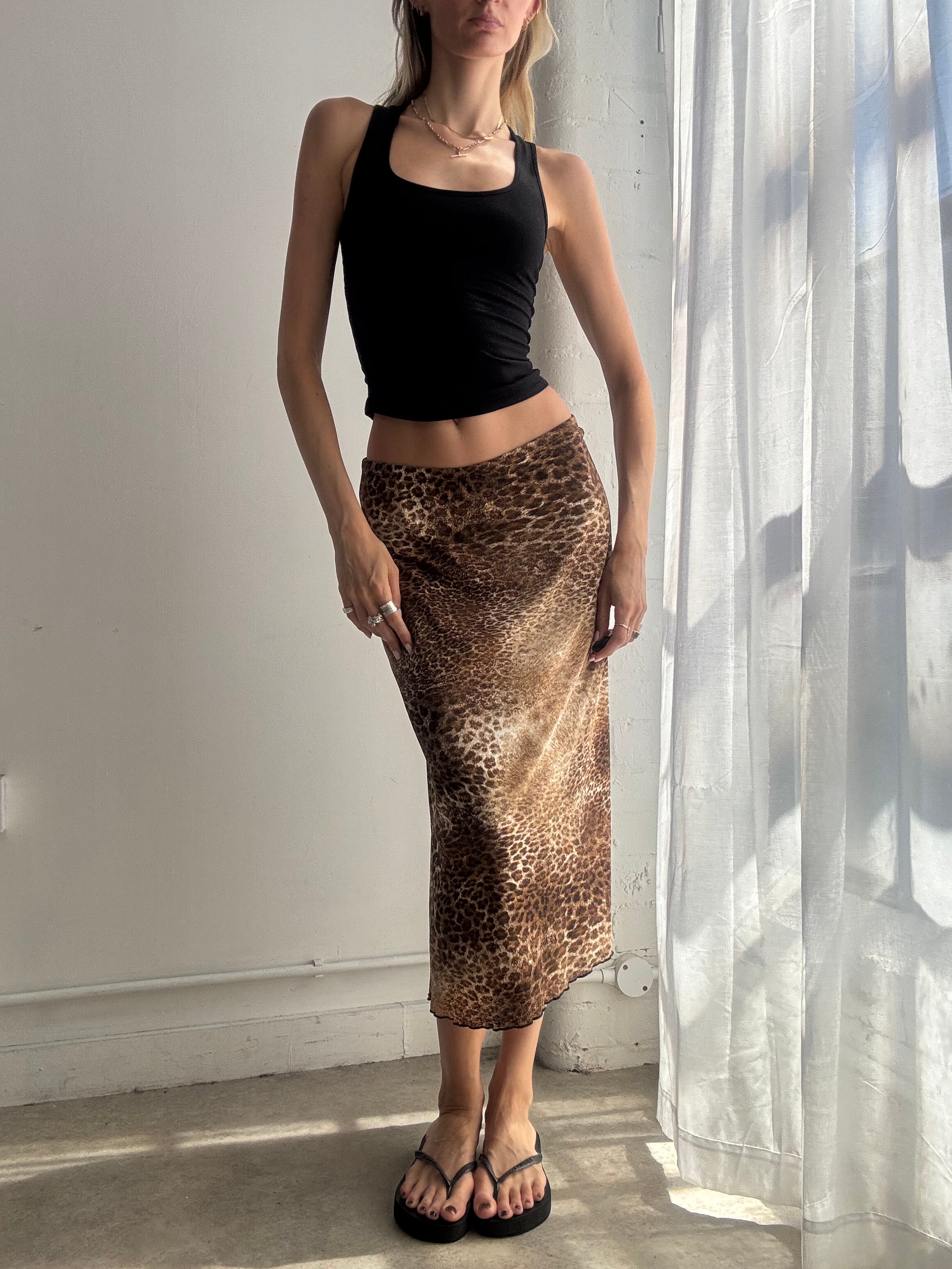 Vintage Leopard Print Mesh Midi Skirt Y2K - Size S/M