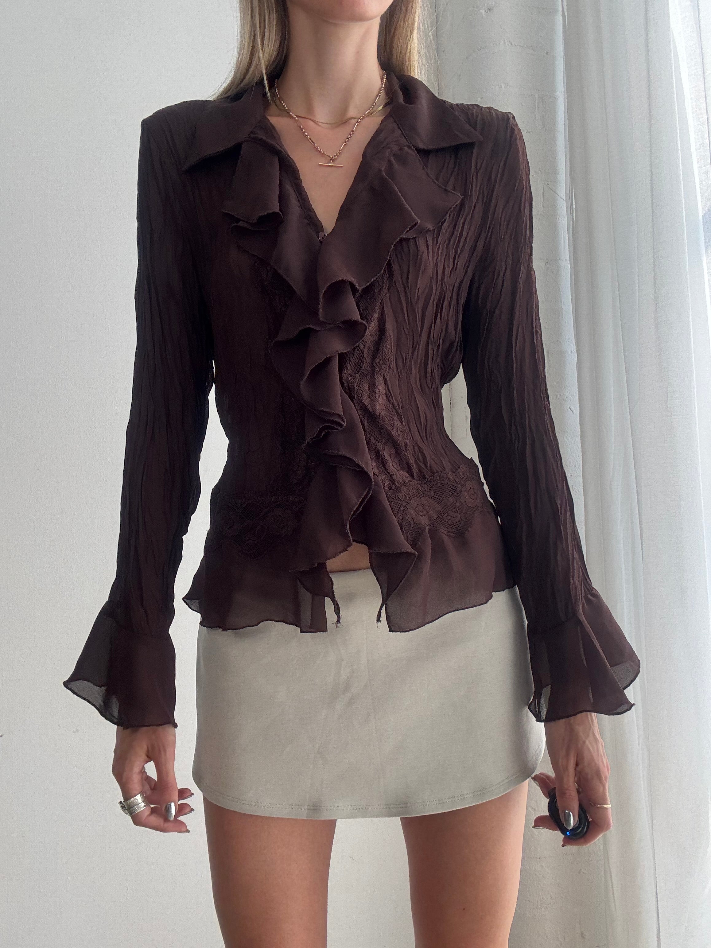 Vintage Y2K Chocolate Brown Ruffle Blouse – Sheer Crinkle Mesh Frill Top - Size L