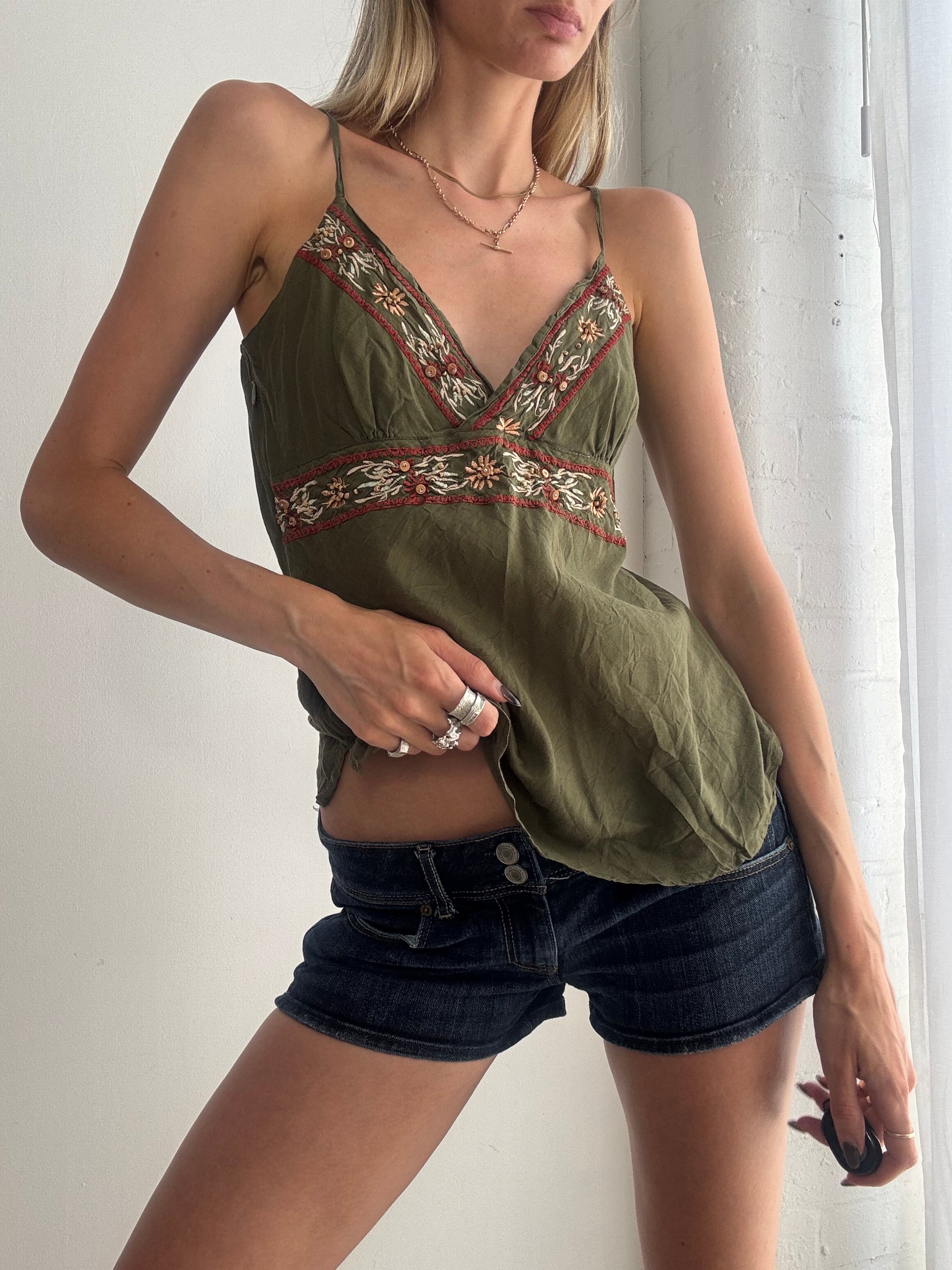 Vintage Y2K khaki embroidered cami top - Size M