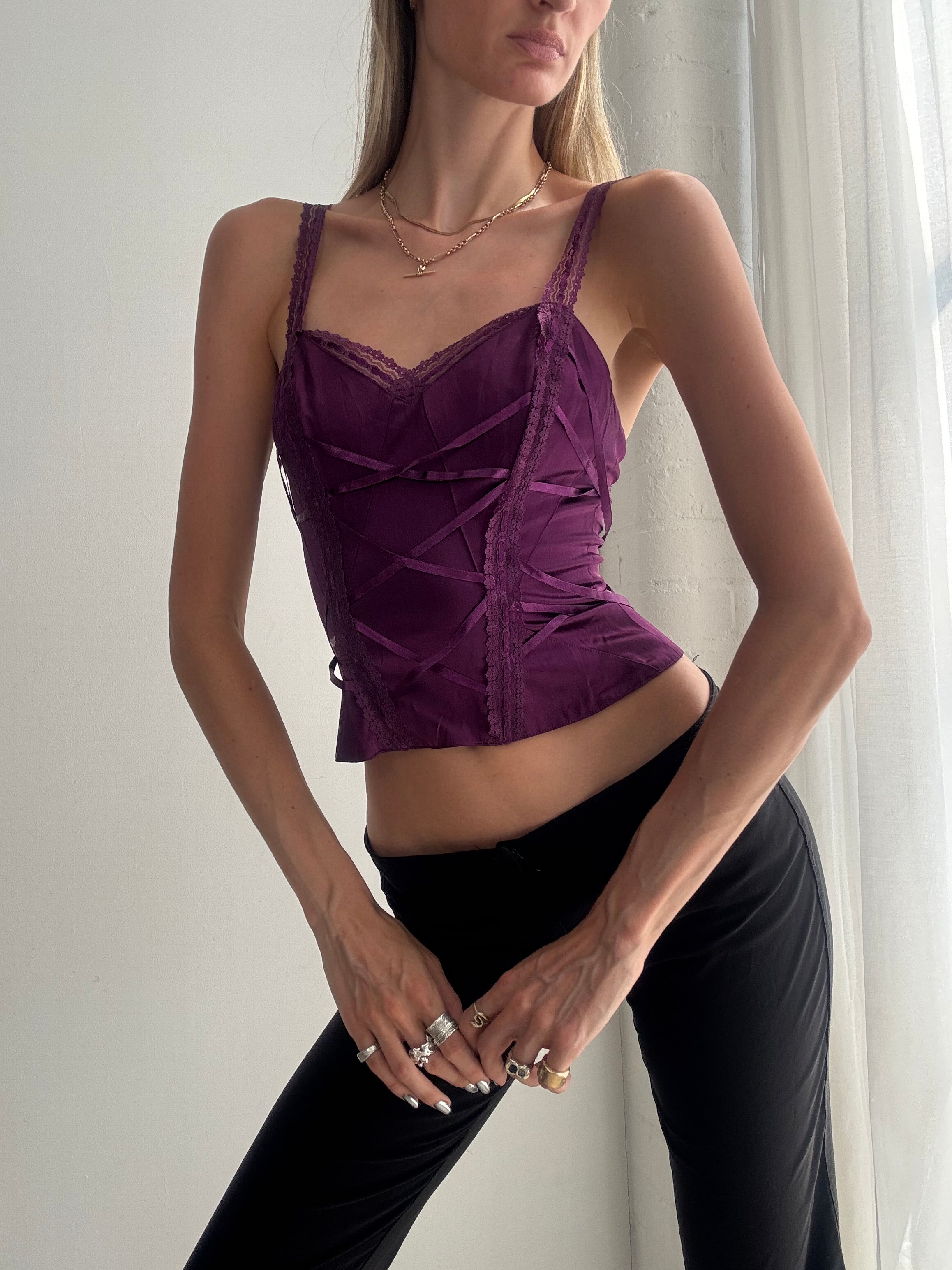 Vintage Y2K Bebe Purple Satin Corset Cami Top – Lace Up Bustier Top - Size XXS