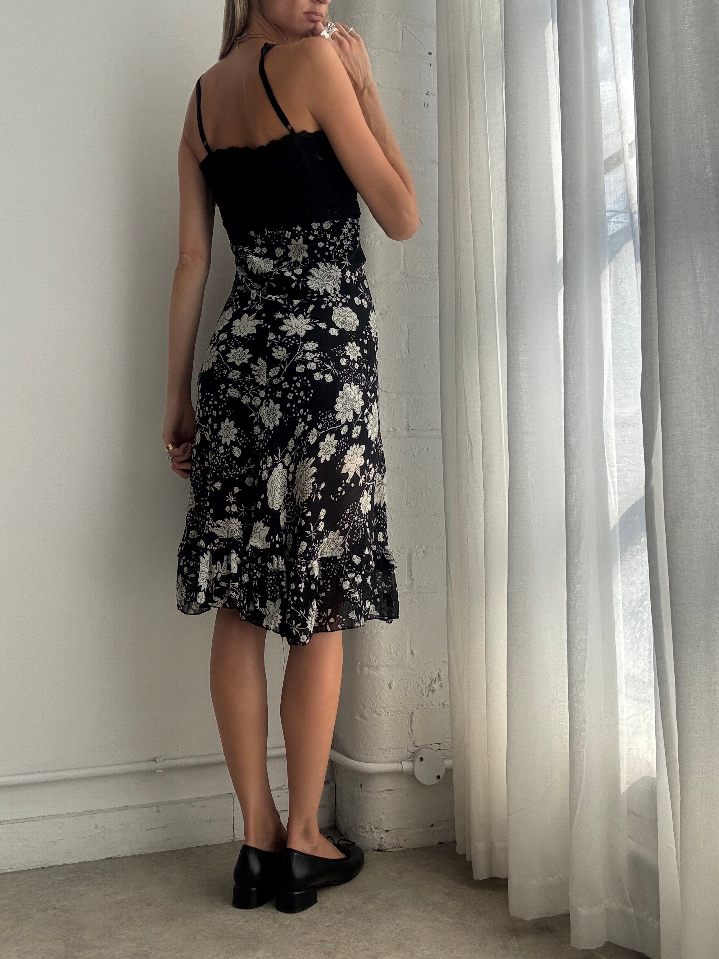 Vintage Y2K Black & White Floral Mesh & Lace Midi Dress – Size M