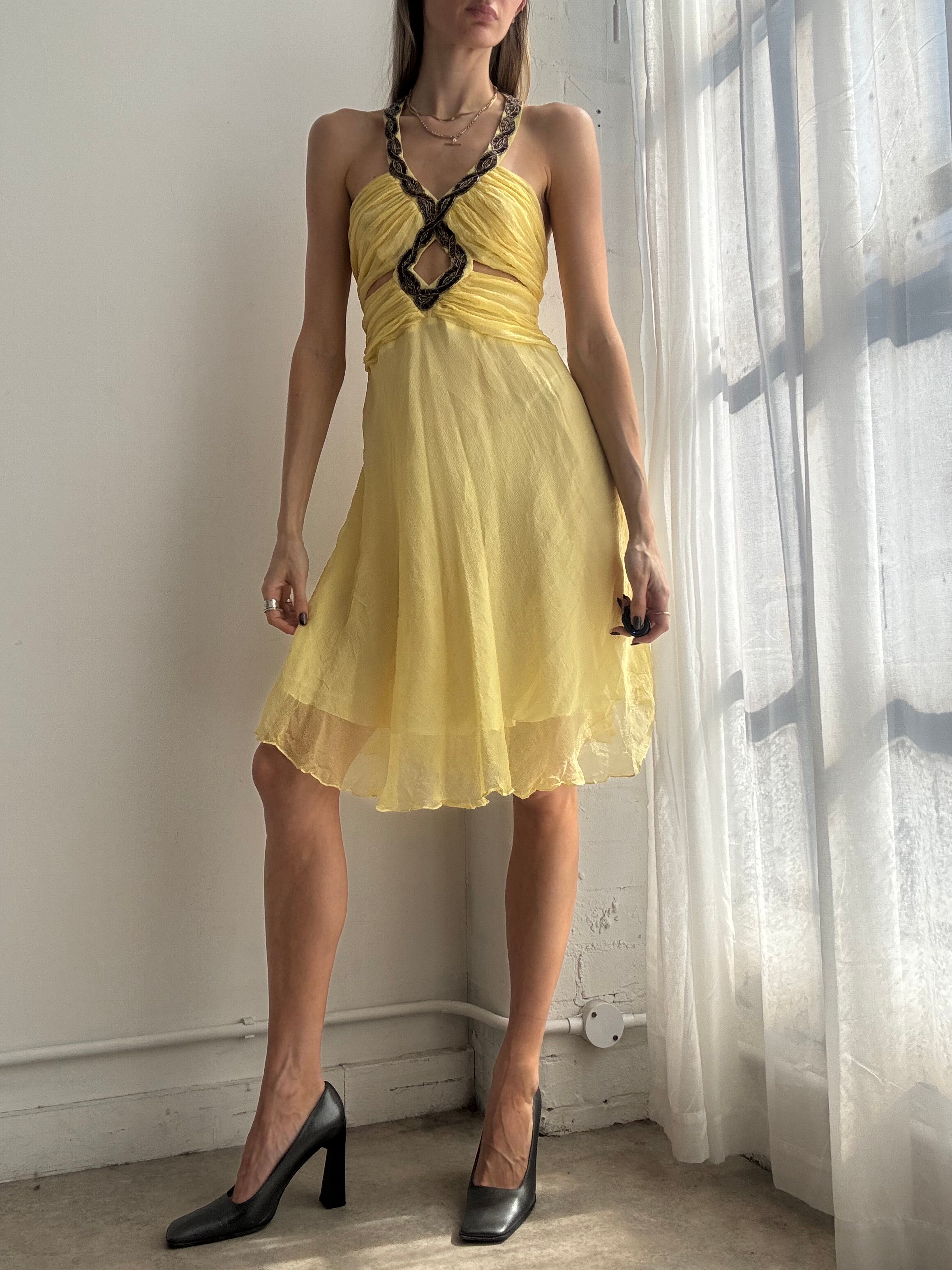 Vintage Y2K lemon yellow silk embellished midi dress - Size M