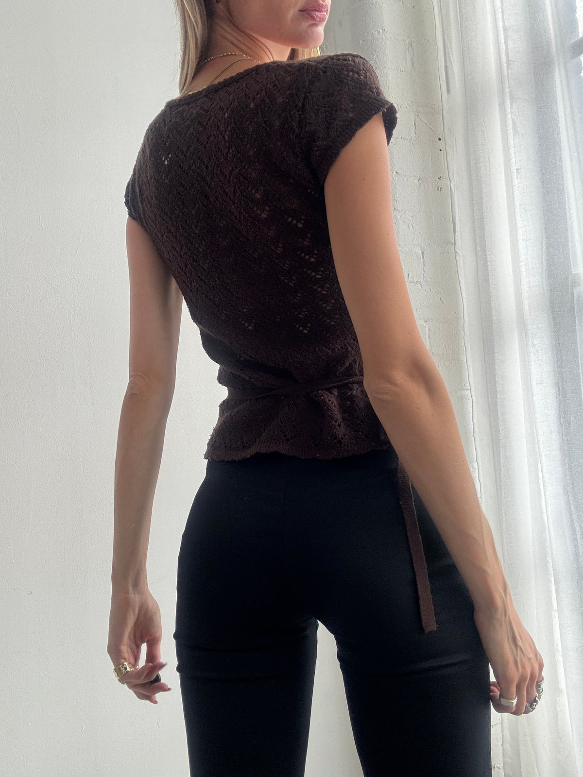 Vintage Y2K Chocolate Brown Deep V Neck Crochet Knit Wrap Top - Size XS/S